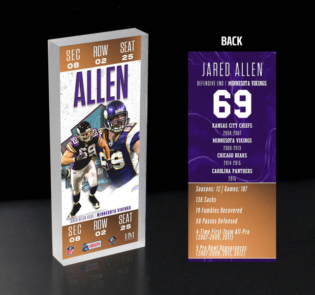 Jared Allen Vikings Pro Football Hall of Fame Class of 2025 Ticket 3D Acrylic Block
