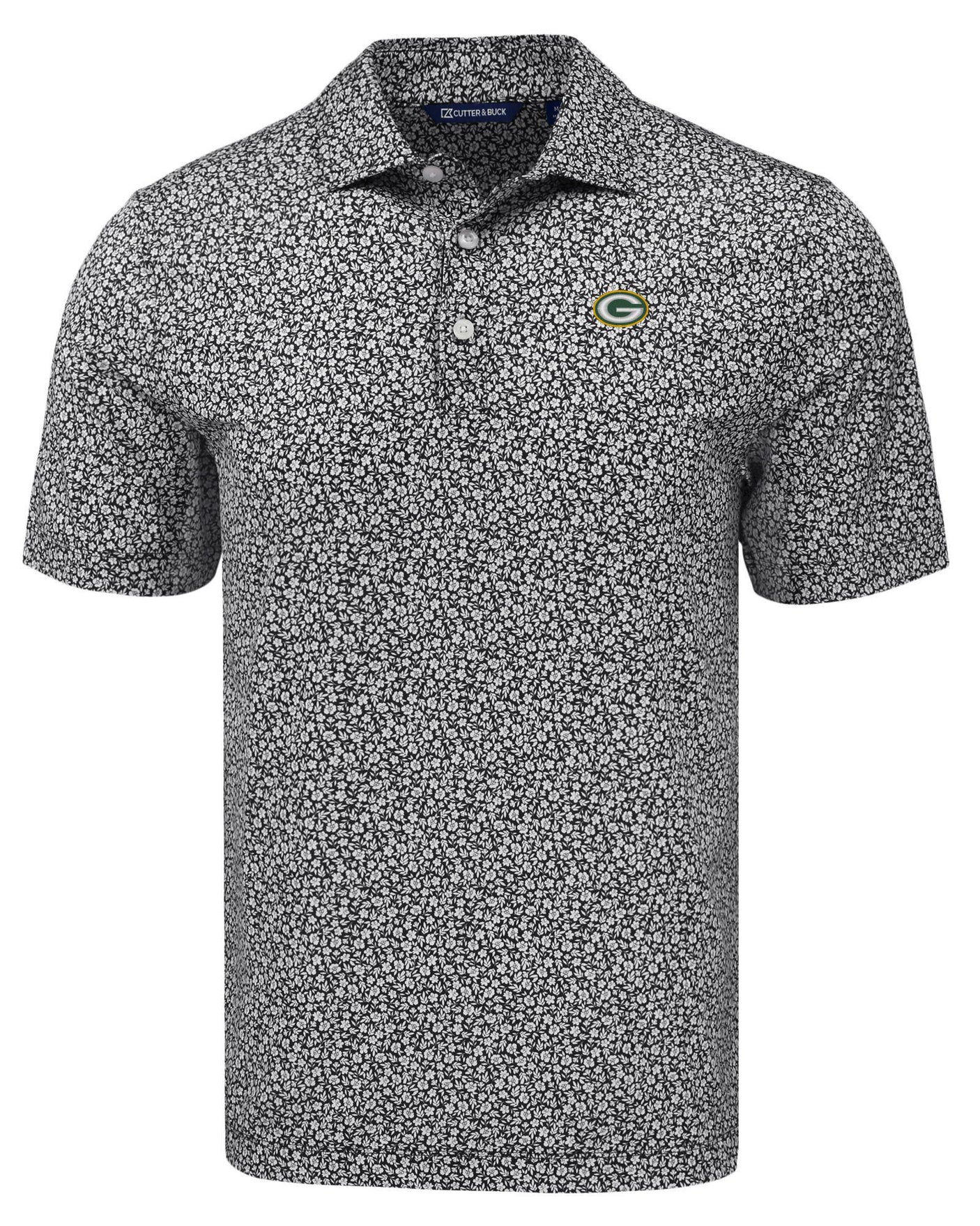 Packers Cutter and Buck Men's Black Pike Eco Flora Print Polo