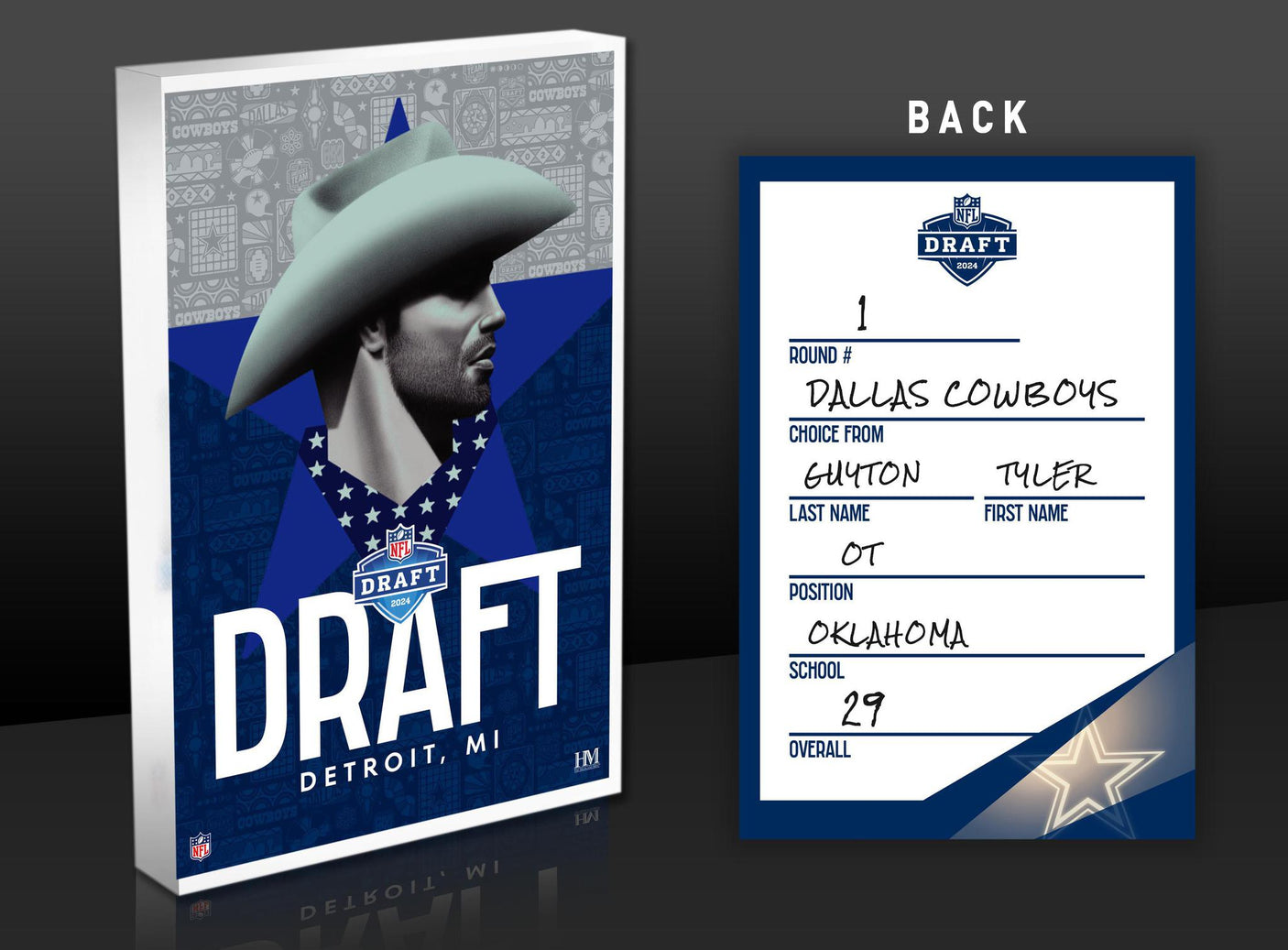Cowboys Tyler Guyton 2024 NFL Draft Card 3D Acrylic Block