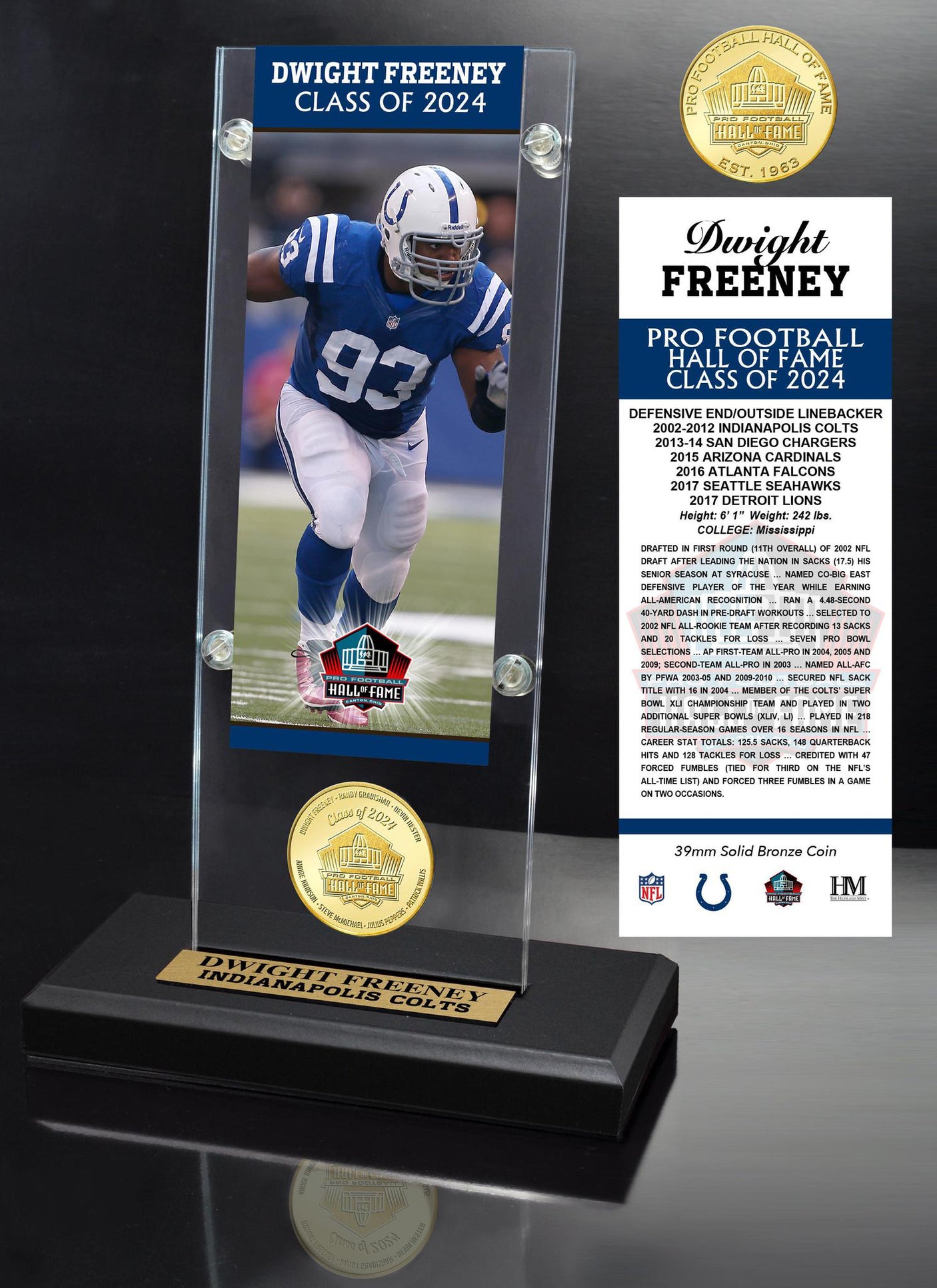 Dwight Freeney Class of 2024 Hall of Fame Ticket Acrylic- DS
