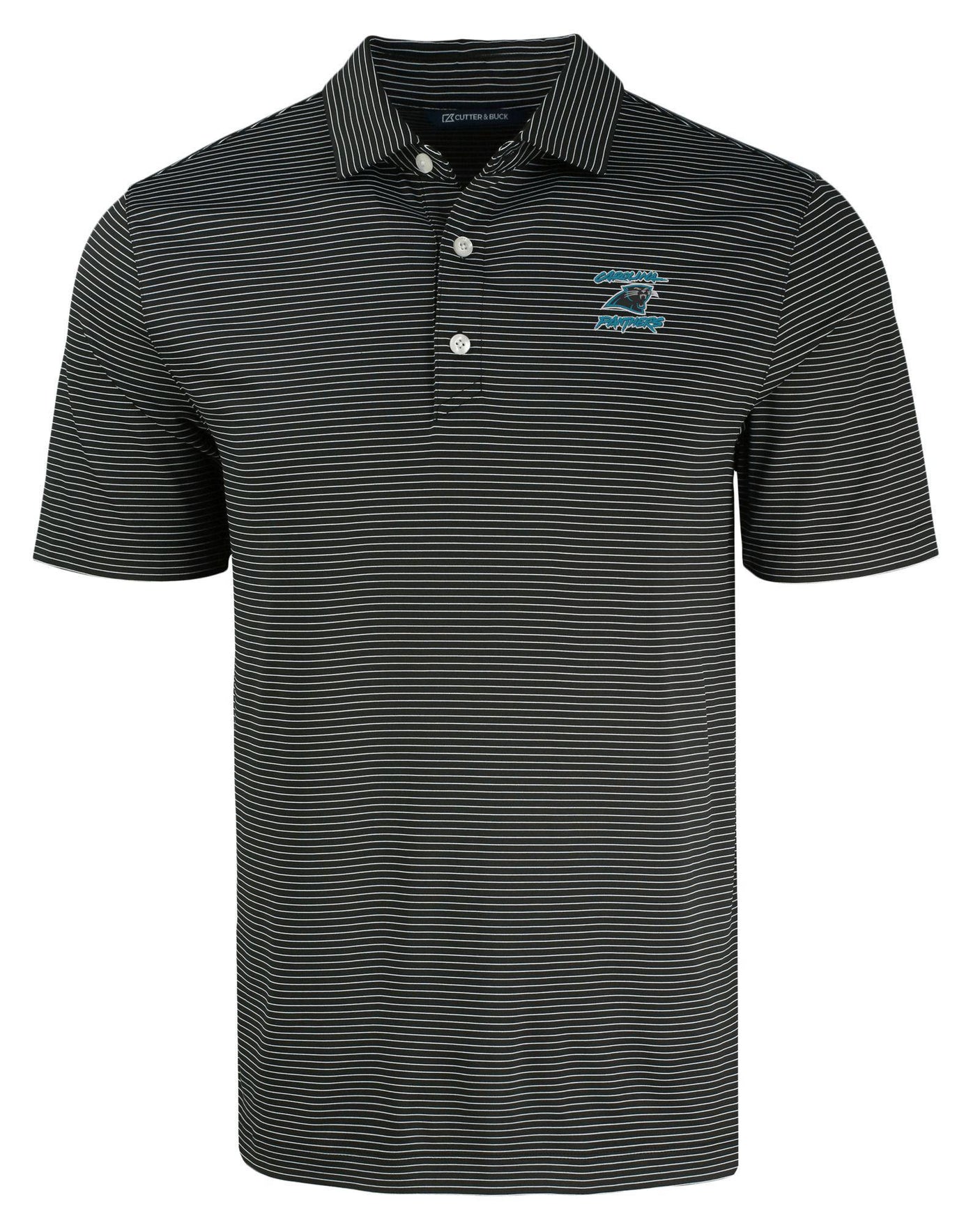 Panthers Cutter and Buck Men's Black Forge Eco Fine Line Stripe Recycled Polo