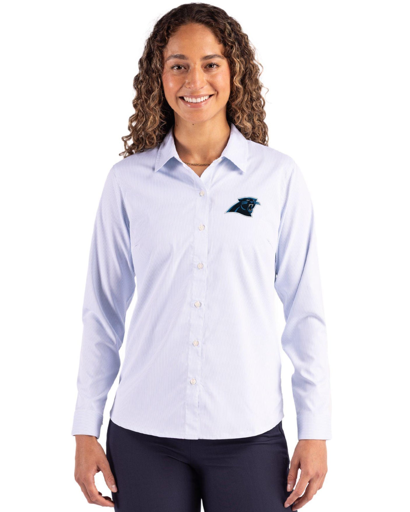 Panthers Cutter & Buck Women's Skyline Eco Pinstripe Button Down Shirt