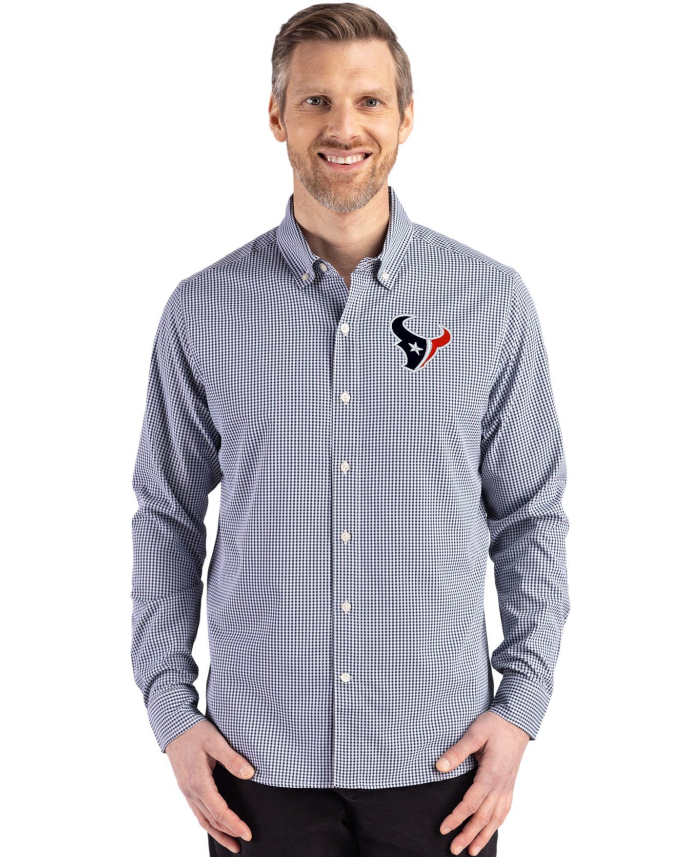 Texans Cutter & Buck Men's Skyline Eco Gingham Button Down Shirt
