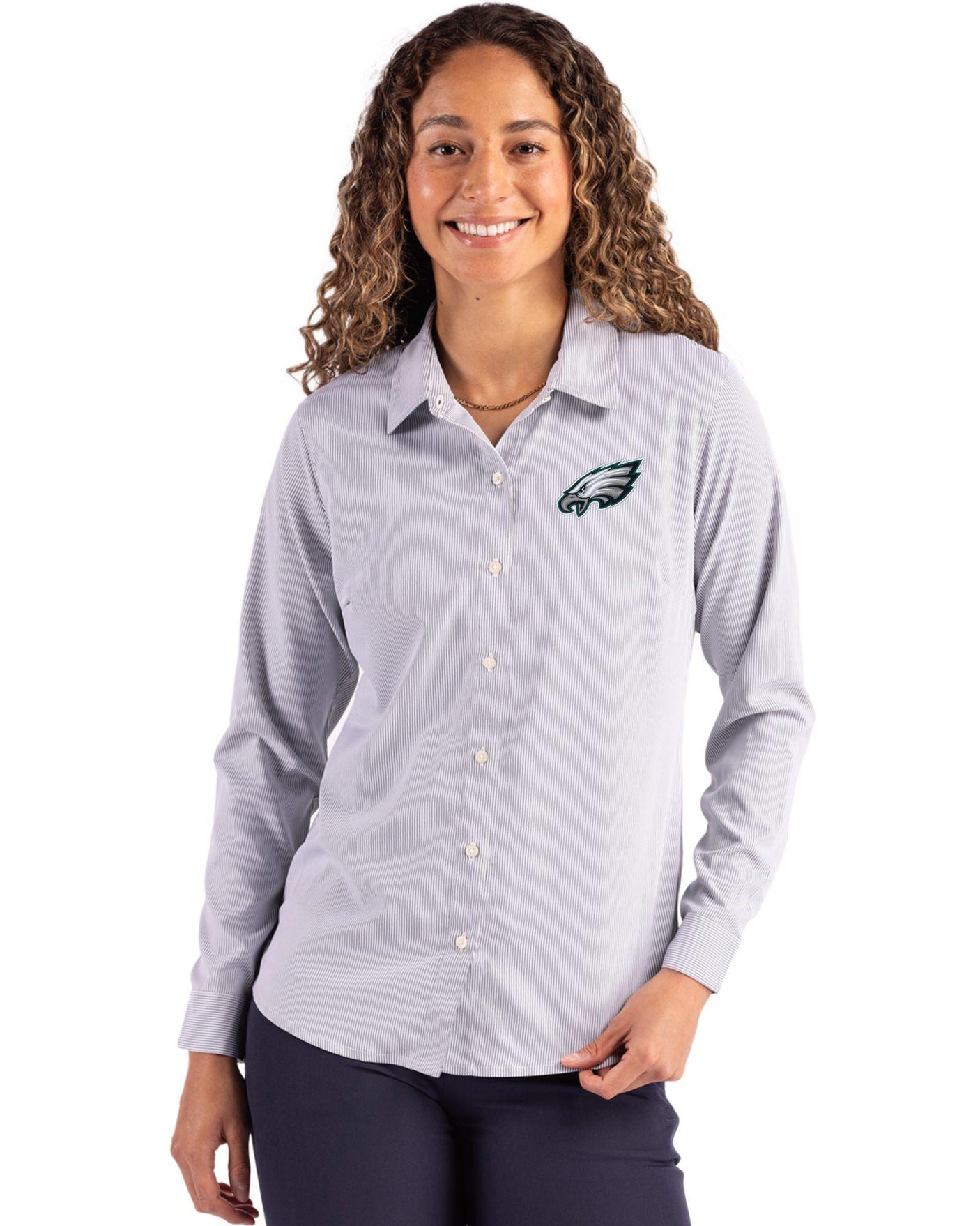 Eagles Cutter & Buck Women's Skyline Eco Pinstripe Button Down Shirt
