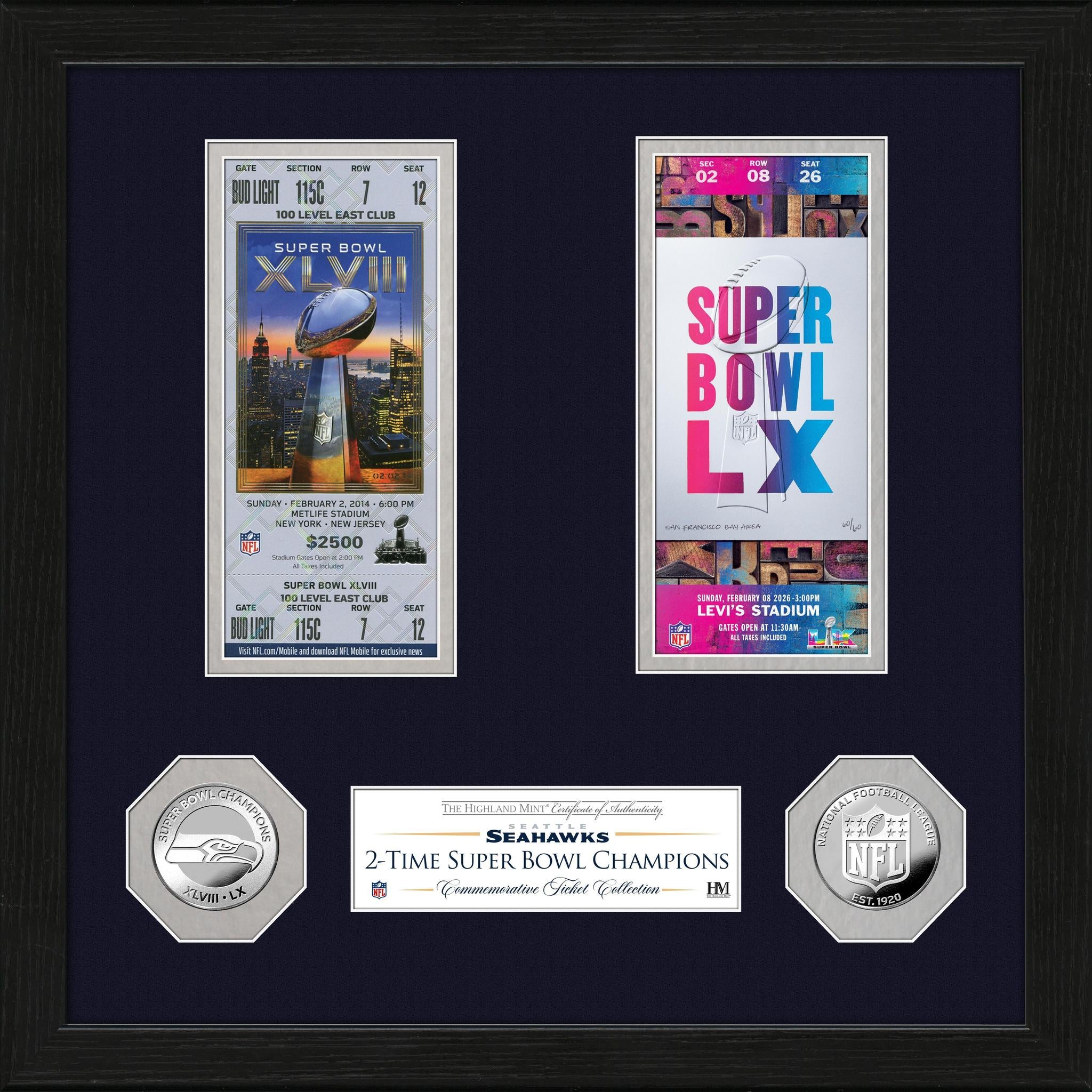 Seahawks 2-Time Super Bowl LX (60) Champs Ticket Collection Photo
