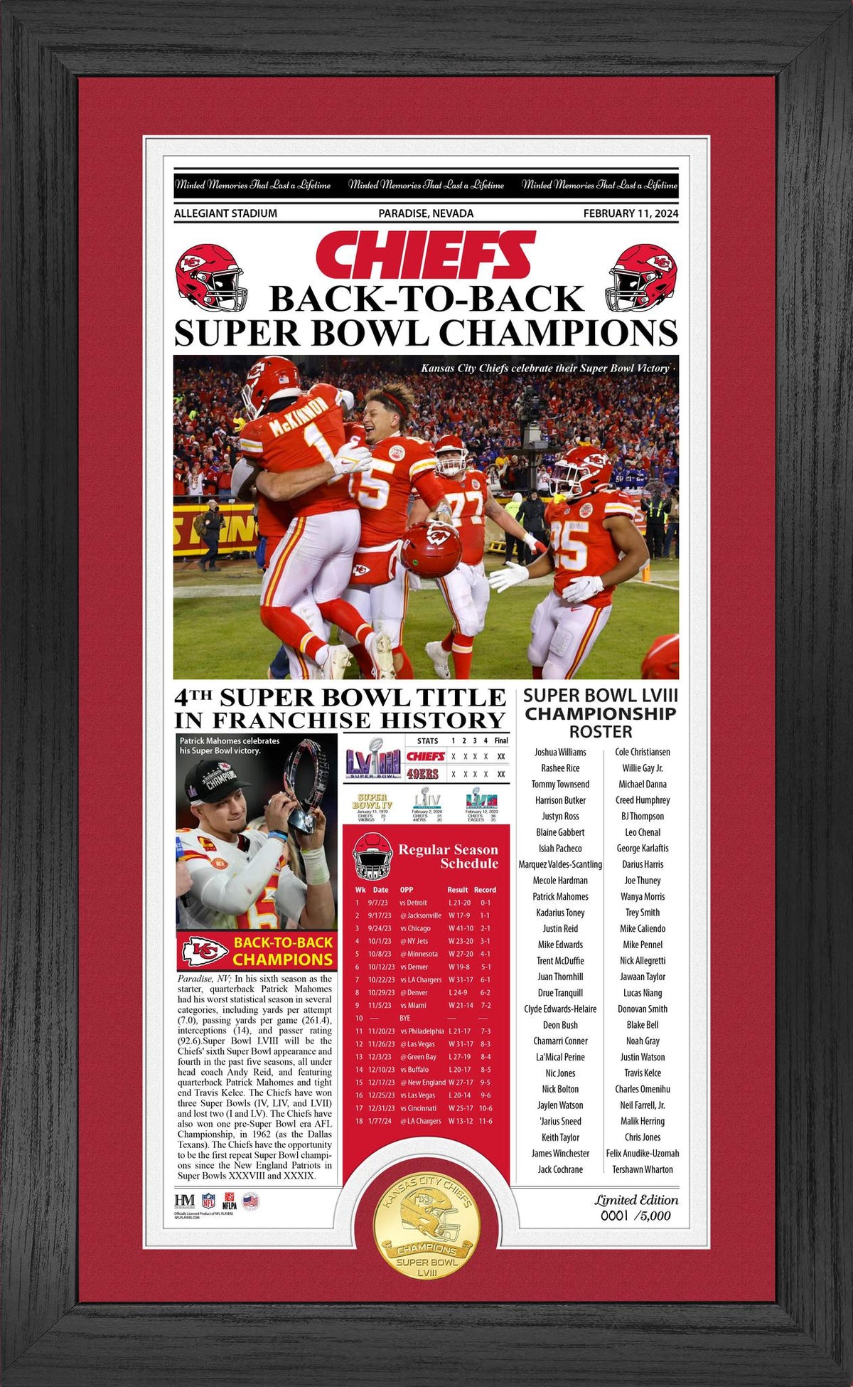 Kansas City Chiefs Super Bowl LVIII (58) Champions Front Page Cover Bronze Coin Photo Mint Pro Football Hall of Fame