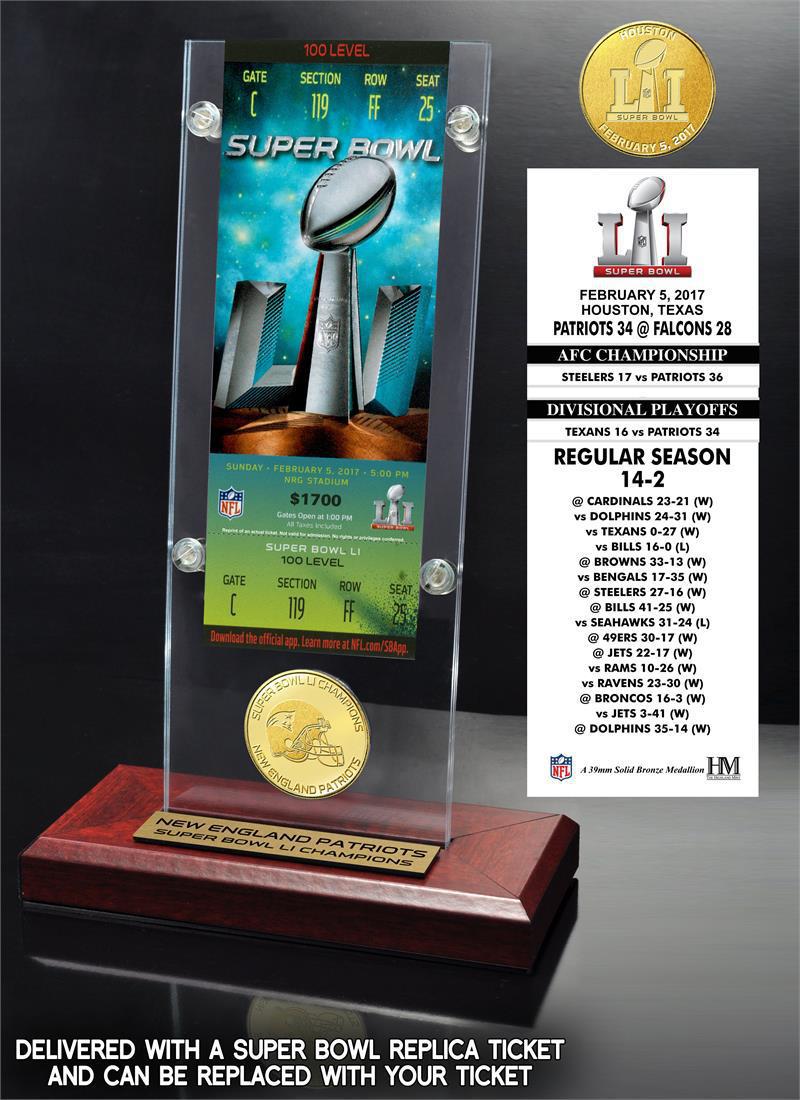 Patriots Super Bowl LI (51) Champions Ticket & Bronze Coin Acrylic Desk Top Pro Football Hall of Fame