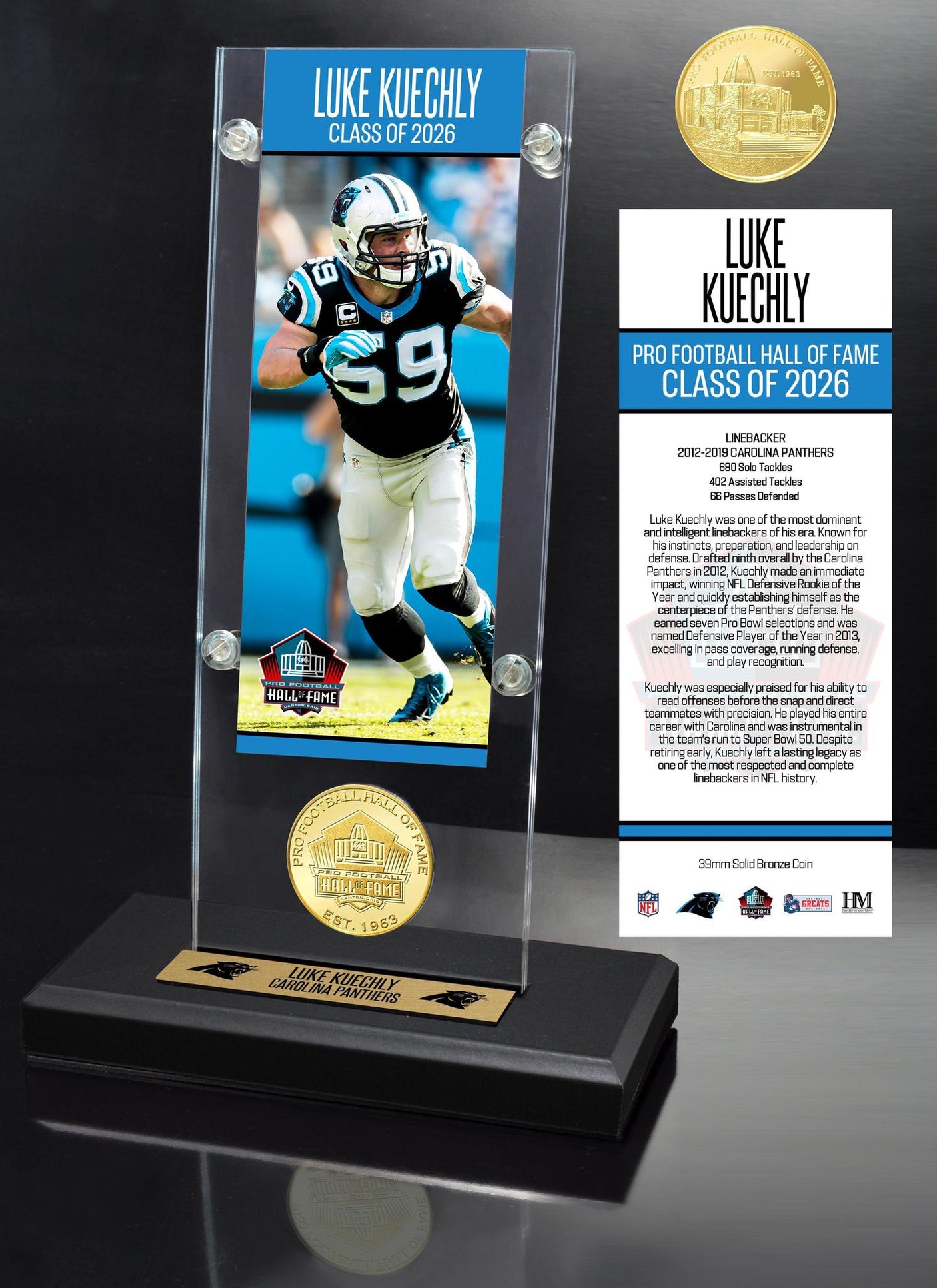 Luke Kuechly Class of 2026 Hall of Fame Induction Ticket and Bronze Coin Acrylic Display - DS