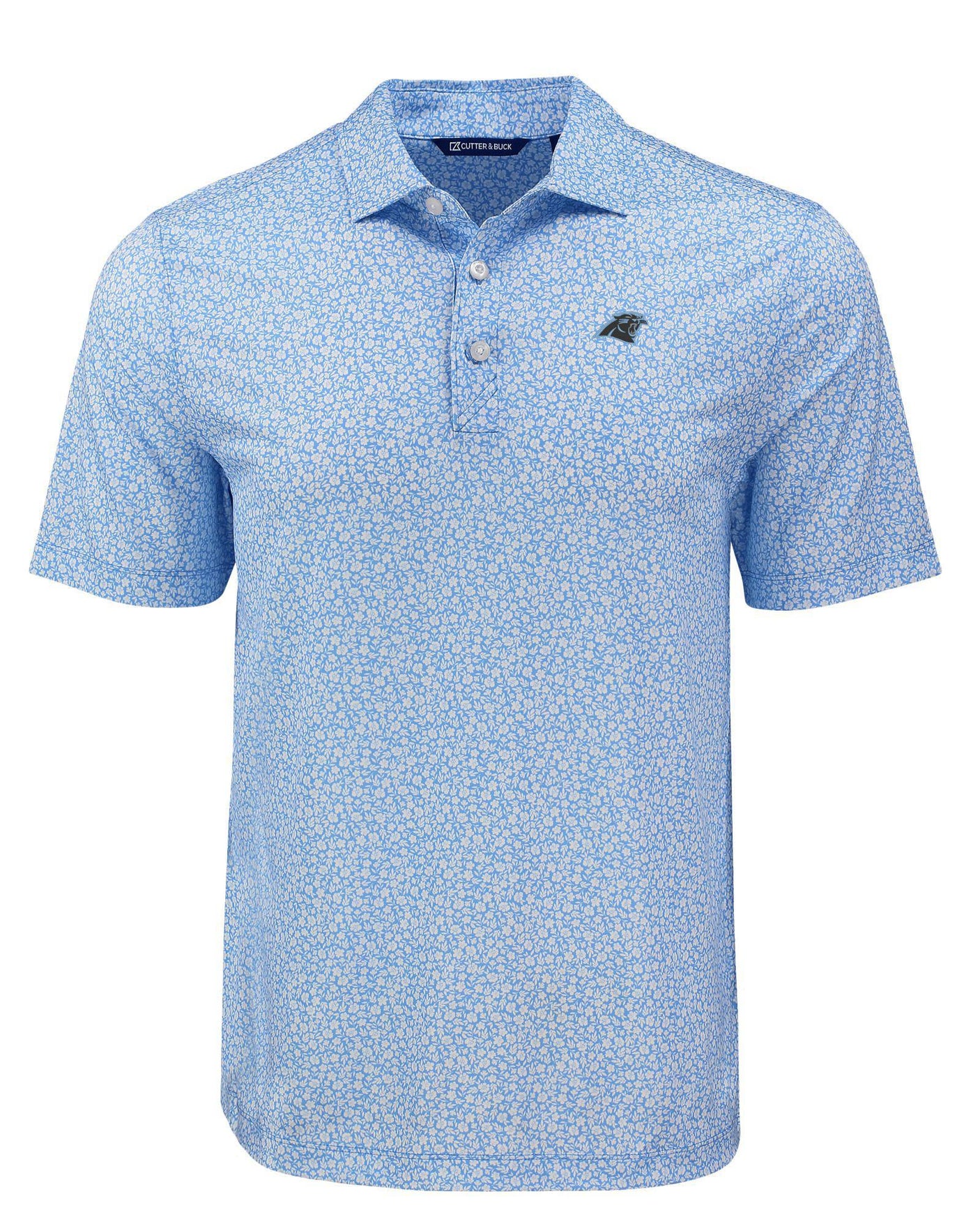 Panthers Cutter and Buck Men's Blue Pike Eco Flora Print Polo