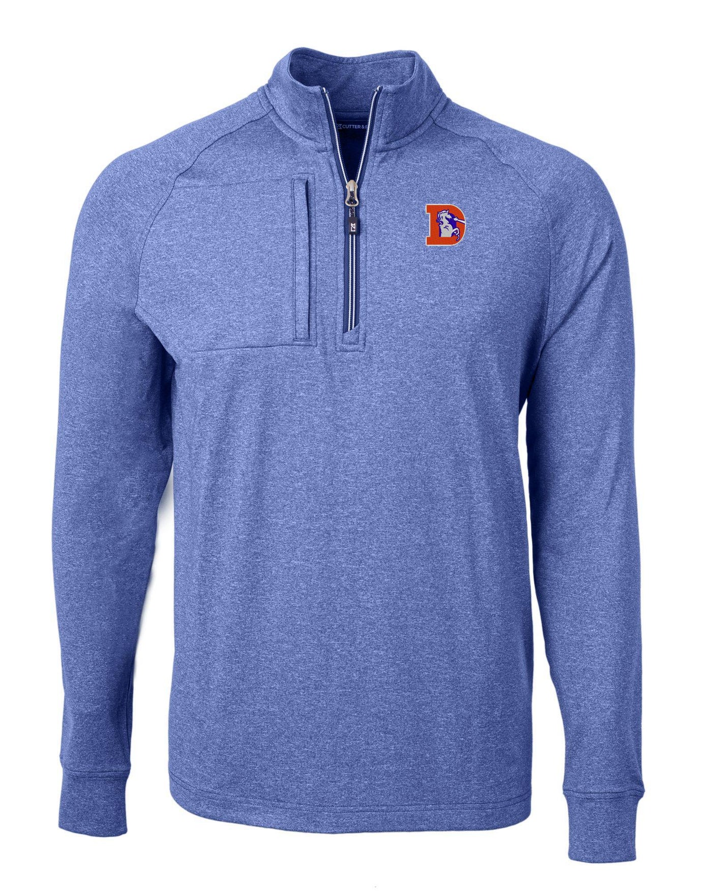 Broncos Cutter and Buck Men's Blue Adapt Eco Heather Quarter Zip Pullover