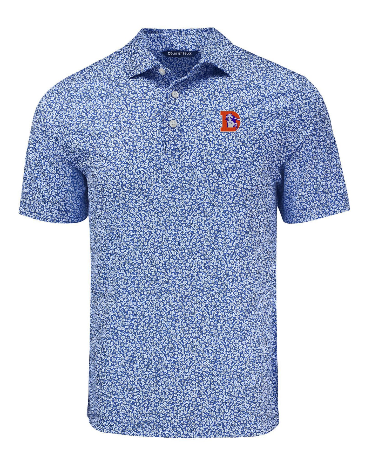 Broncos Cutter and Buck Men's Blue Pike Eco Flora Print Polo