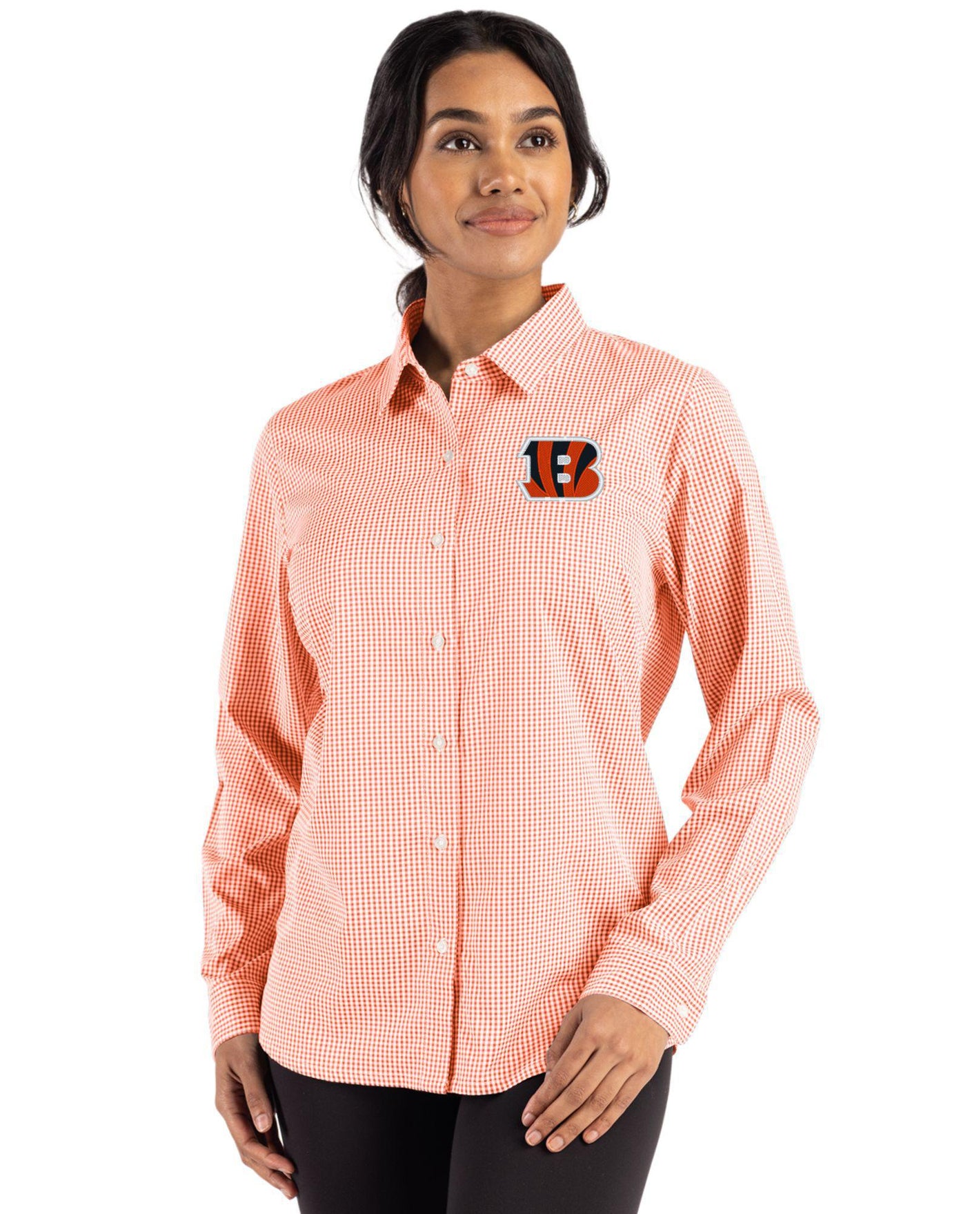 Bengals Cutter & Buck Women's Skyline Eco Gingham Button Down Shirt