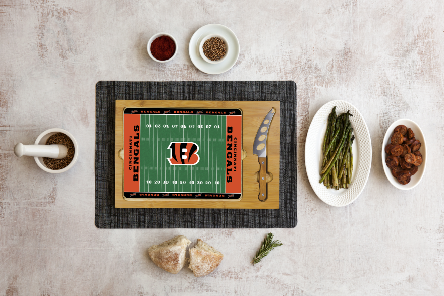 Bengals Icon Glass Top Cutting Board & Knife Set by Picnic Time Pro Football Hall of Fame