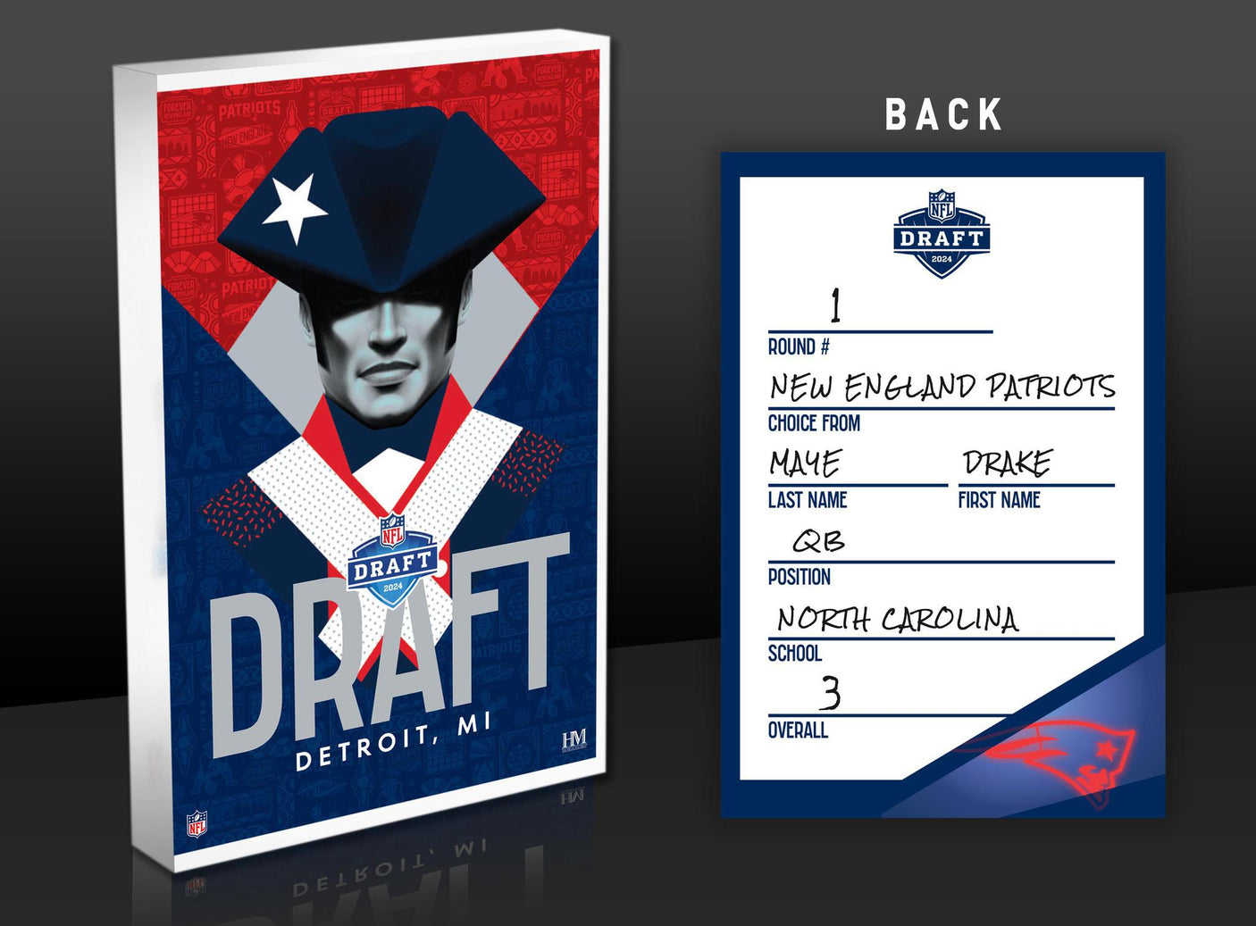 Patriots Drake Maye 2024 NFL Draft Card 3D Acrylic Block