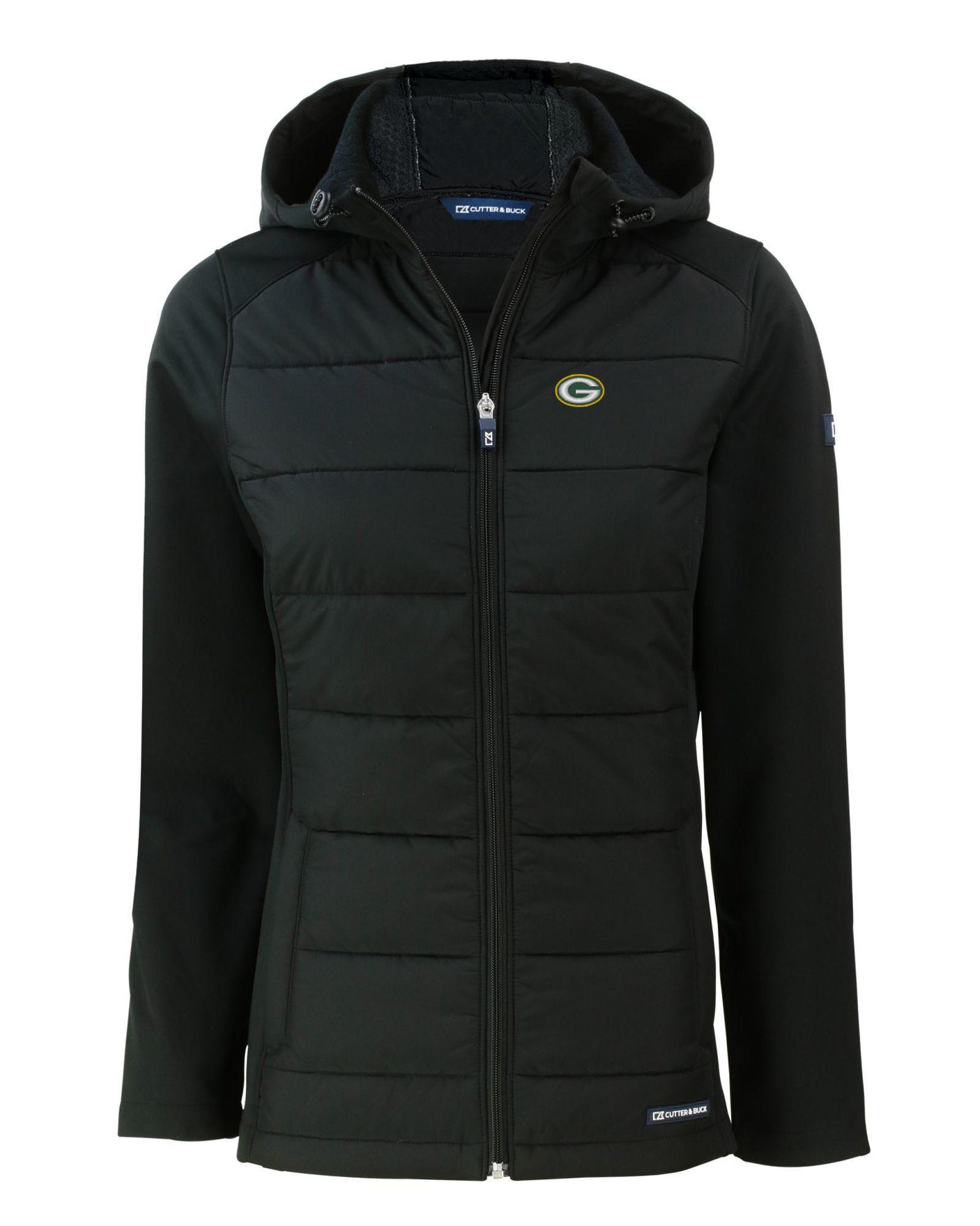 Packers Cutter and Buck Women's Black Evoke Eco Hybrid Hooded Jacket