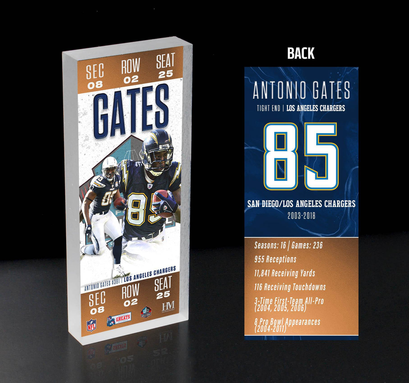 Antonio Gates Chargers Pro Football Hall of Fame Class of 2025 Ticket 3D Acrylic Block