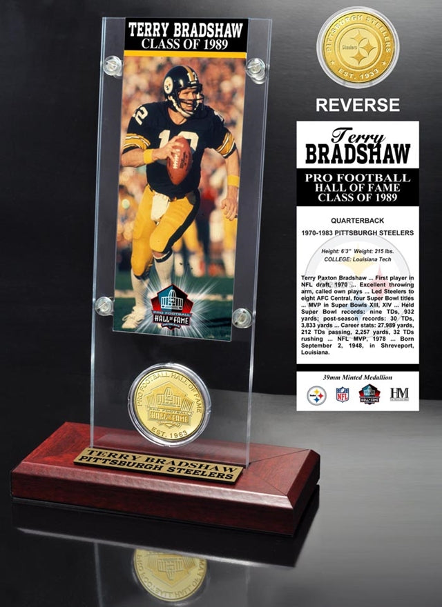 Terry Bradshaw "1989 Hall of Fame Inductee" Ticket & Bronze Coin Acrylic Desktop Pro Football Hall of Fame
