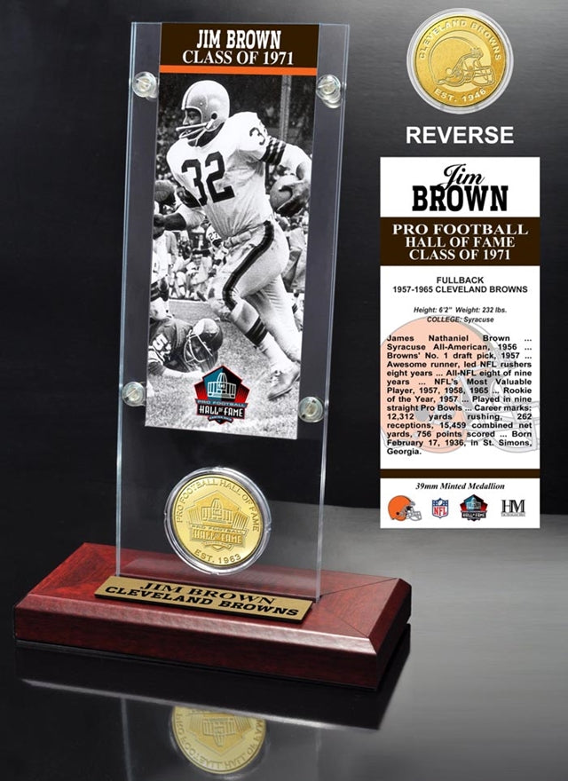 Jim Brown "1971 NFL Hall of Fame Inductee" Ticket & Bronze Coin Acrylic Desktop Pro Football Hall of Fame