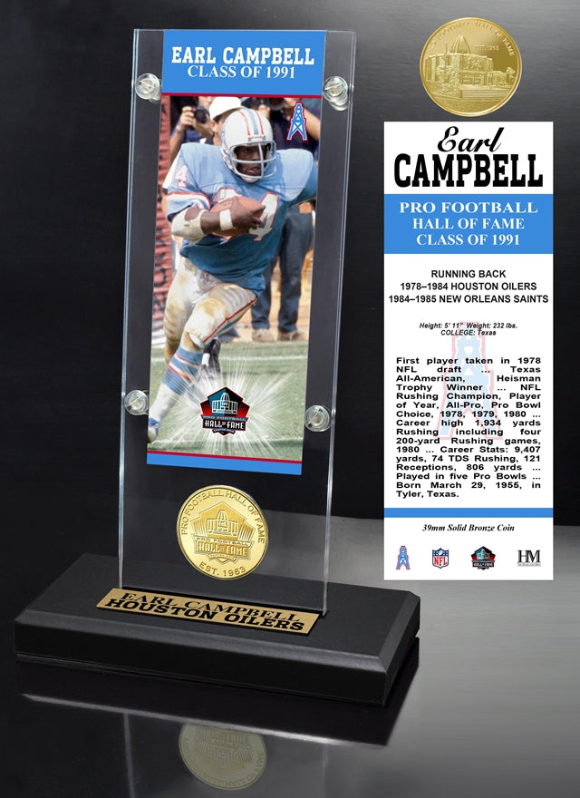 Earl Campbell 1991 NFL Hall of Fame Ticket & Bronze Coin Acrylic Desktop Pro Football Hall of Fame