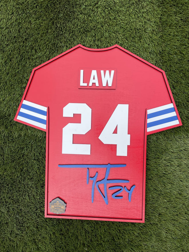 Ty Law Wood Jersey 3D Sign Red - DS