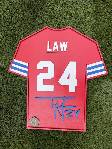 Ty Law Wood Jersey 3D Sign Red - DS