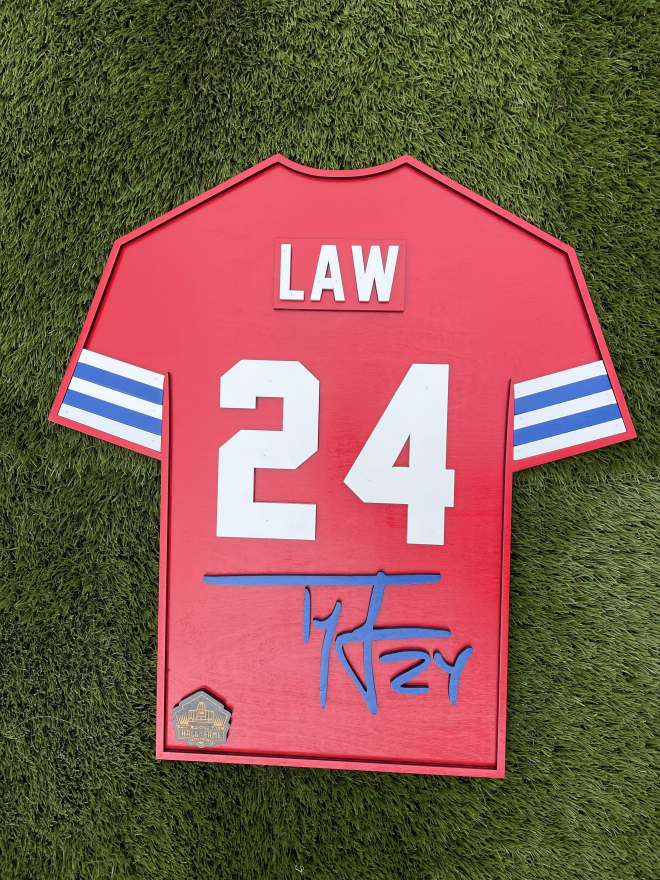 Ty Law Wood Jersey 3D Sign Red - DS