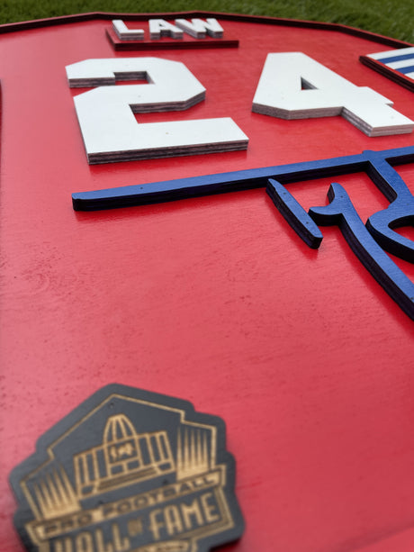 Ty Law Wood Jersey 3D Sign Red - DS