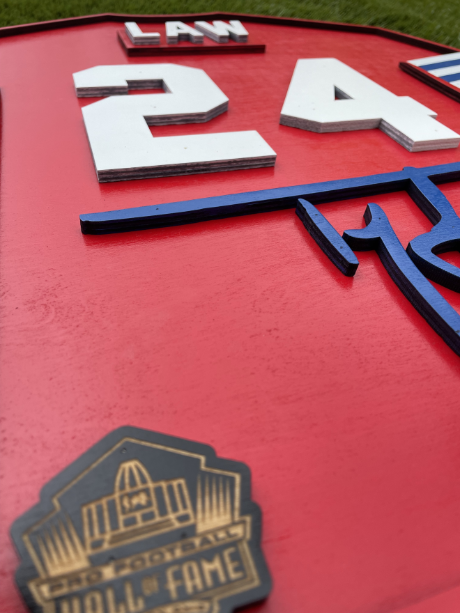Ty Law Wood Jersey 3D Sign Red - DS