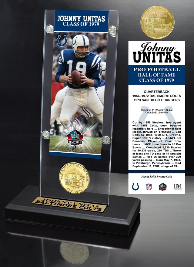 Johnny Unitas 1979 NFL Hall of Fame Ticket & Bronze Coin Acrylic Desktop Pro Football Hall of Fame