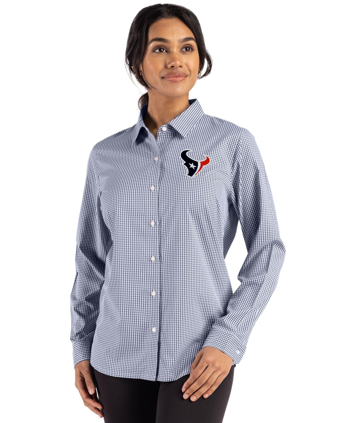 Texans Cutter & Buck Women's Skyline Eco Gingham Button Down Shirt