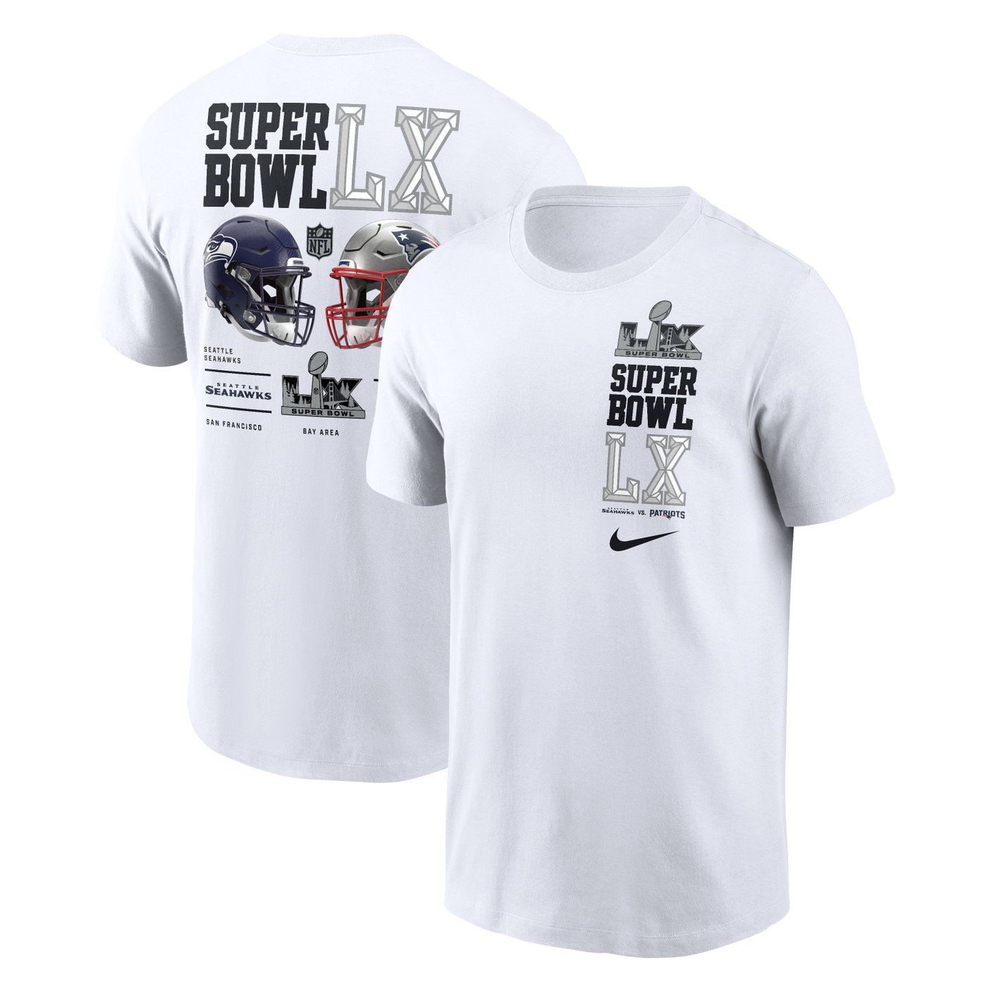 Patriots vs Seahawks 2026 Nike Men's Super Bowl LX (60) White Matchup T-Shirt