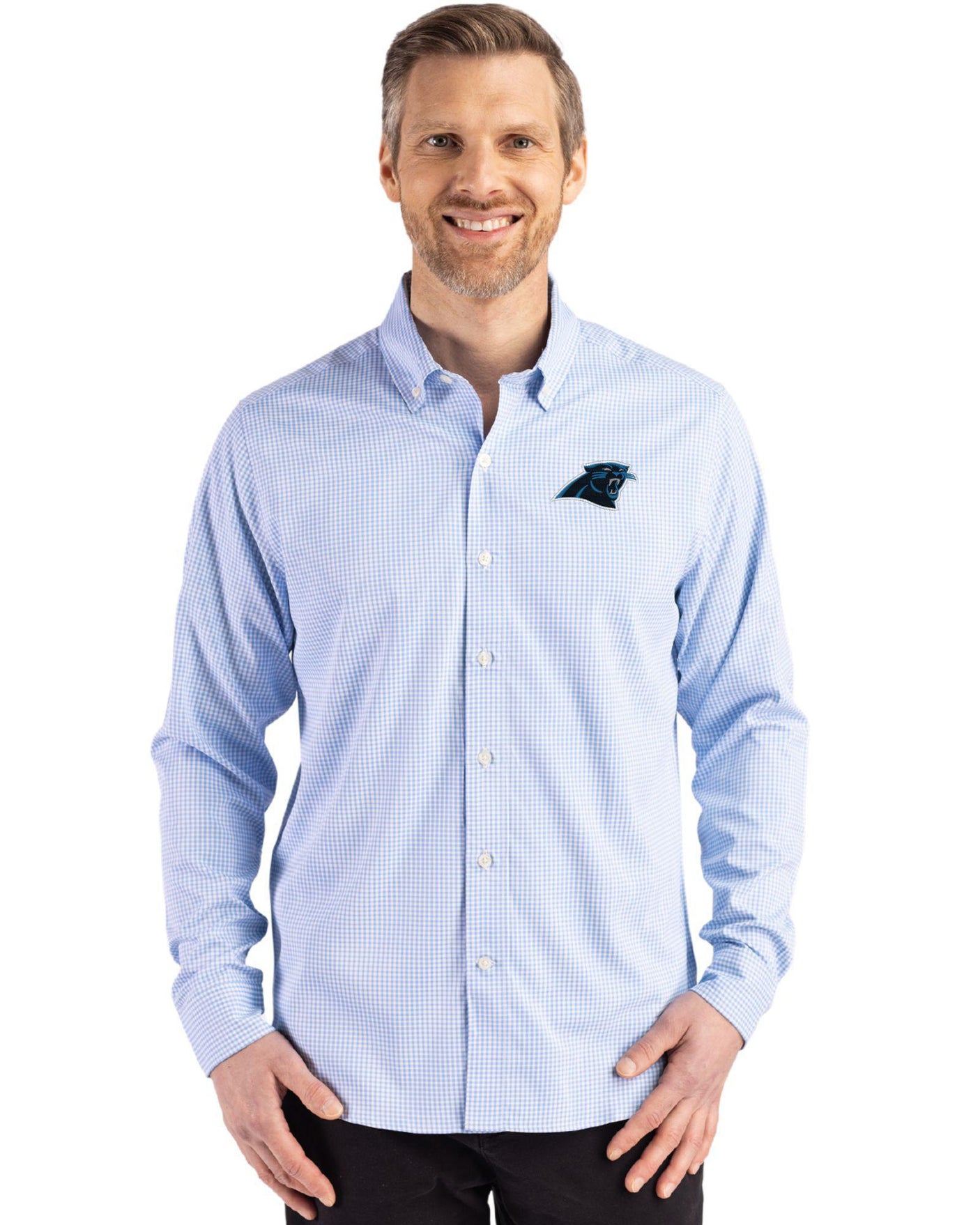 Panthers Cutter & Buck Men's Skyline Eco Gingham Button Down Shirt