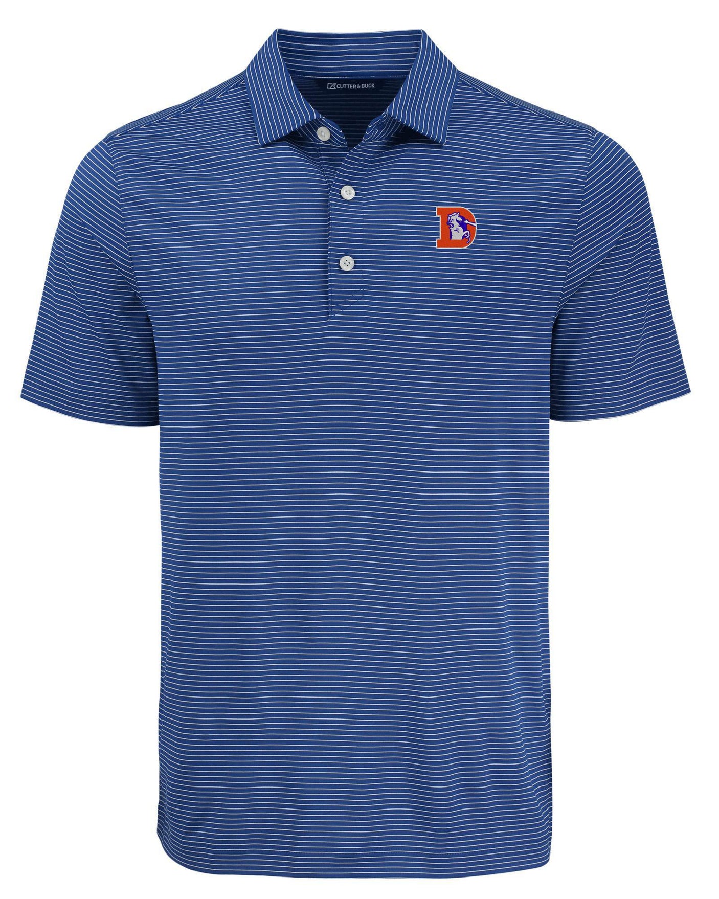Broncos Cutter and Buck Men's Navy Forge Eco Fine Line Stripe Recycled Polo