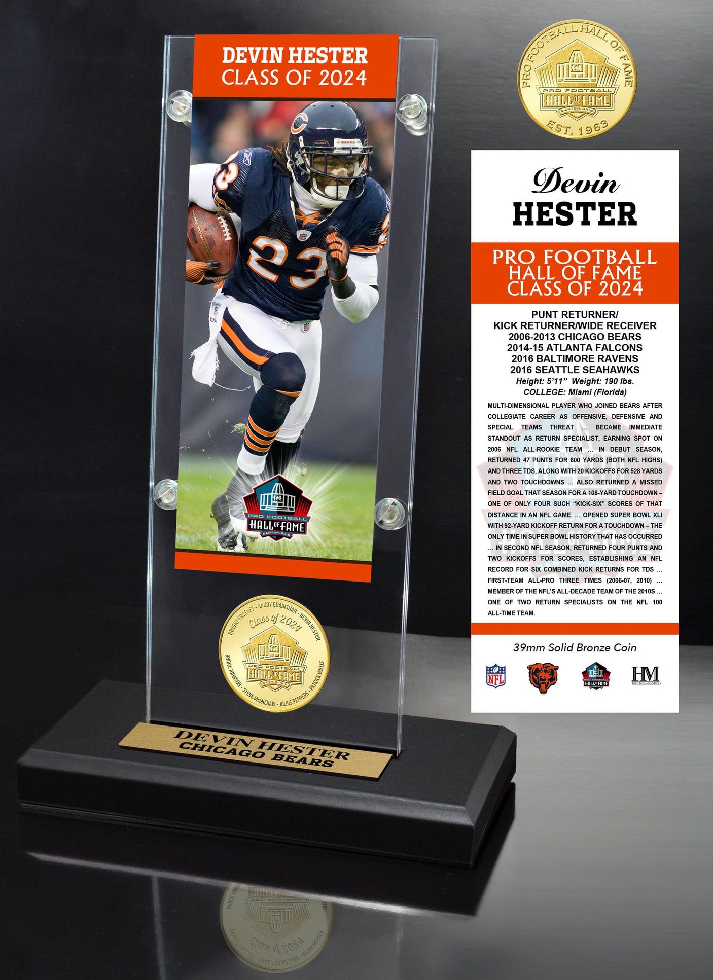 Devin Hester Class of 2024 Bronze Coin Ticket Acrylic- DS