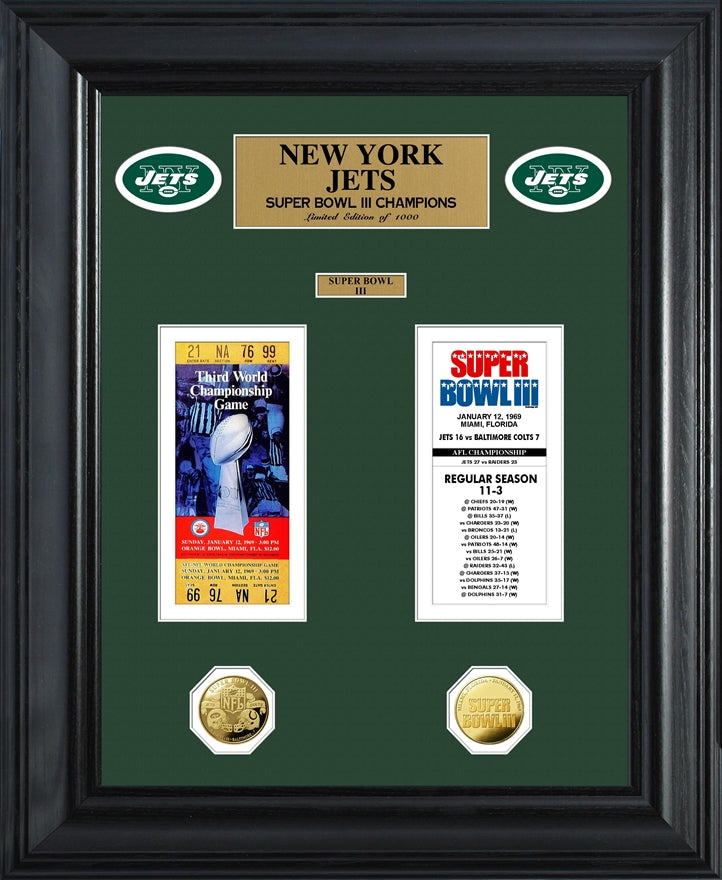 Jets Super Bowl Ticket and Game Coin Collection Framed