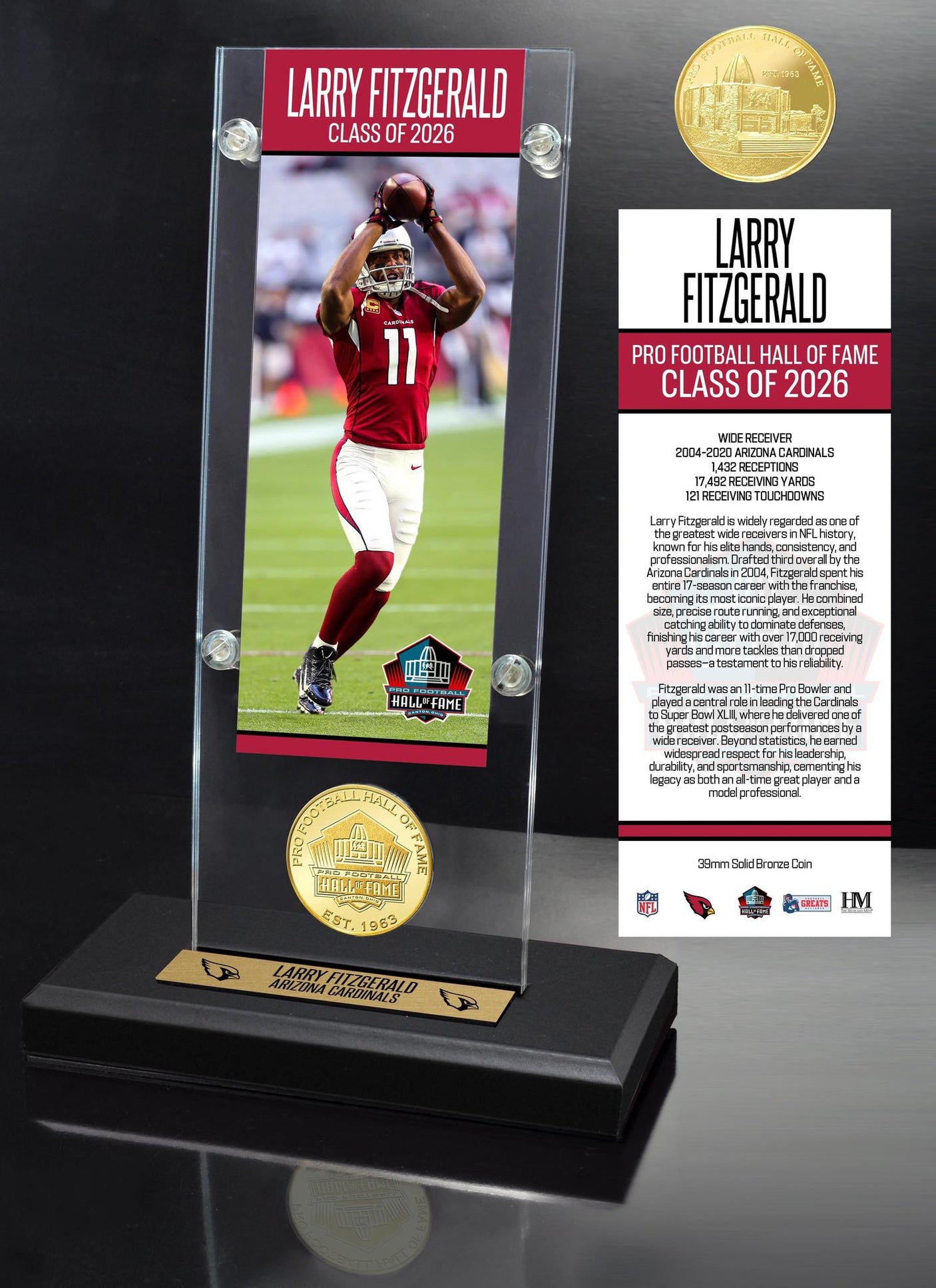 Larry Fitzgerald Class of 2026 Hall of Fame Induction Ticket and Bronze Coin Acrylic Display - DS