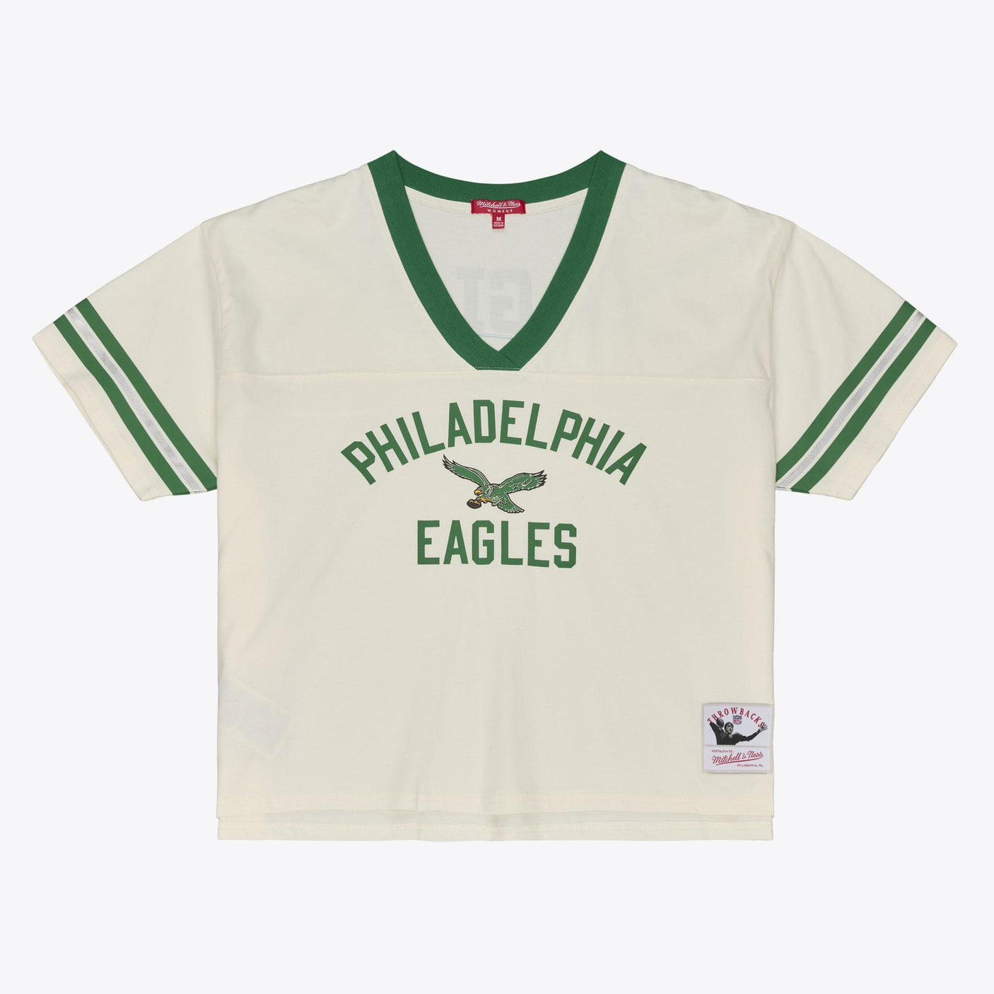 Eagles 2026 Mitchell & Ness Women's Retro Roots Crop Boxy Yoke T-Shirt Pro Football Hall of Fame