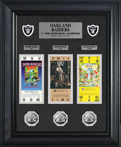 Raiders Super Bowl Ticket and Game Coin Collection Framed