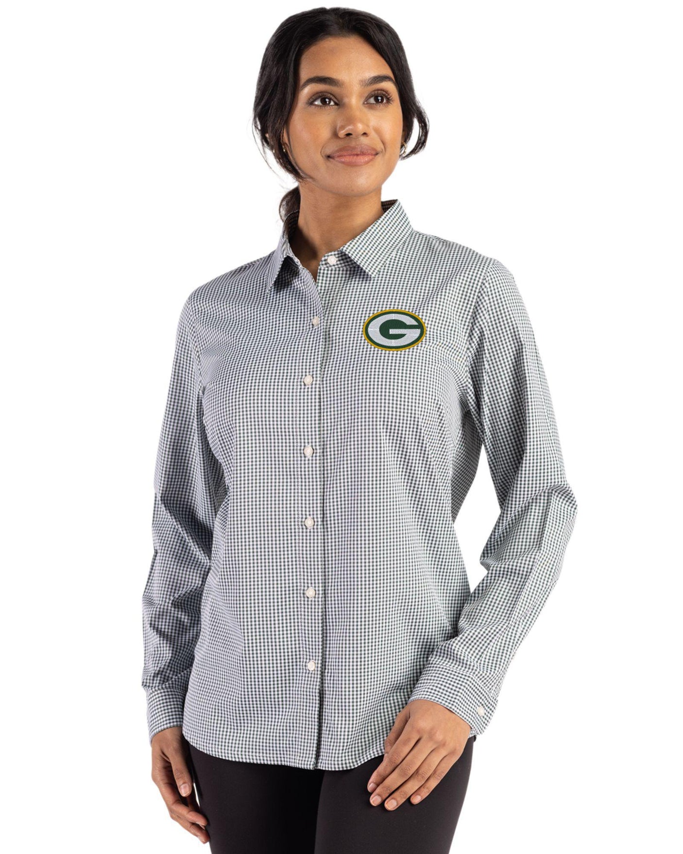 Packers Cutter & Buck Women's Skyline Eco Gingham Button Down Shirt