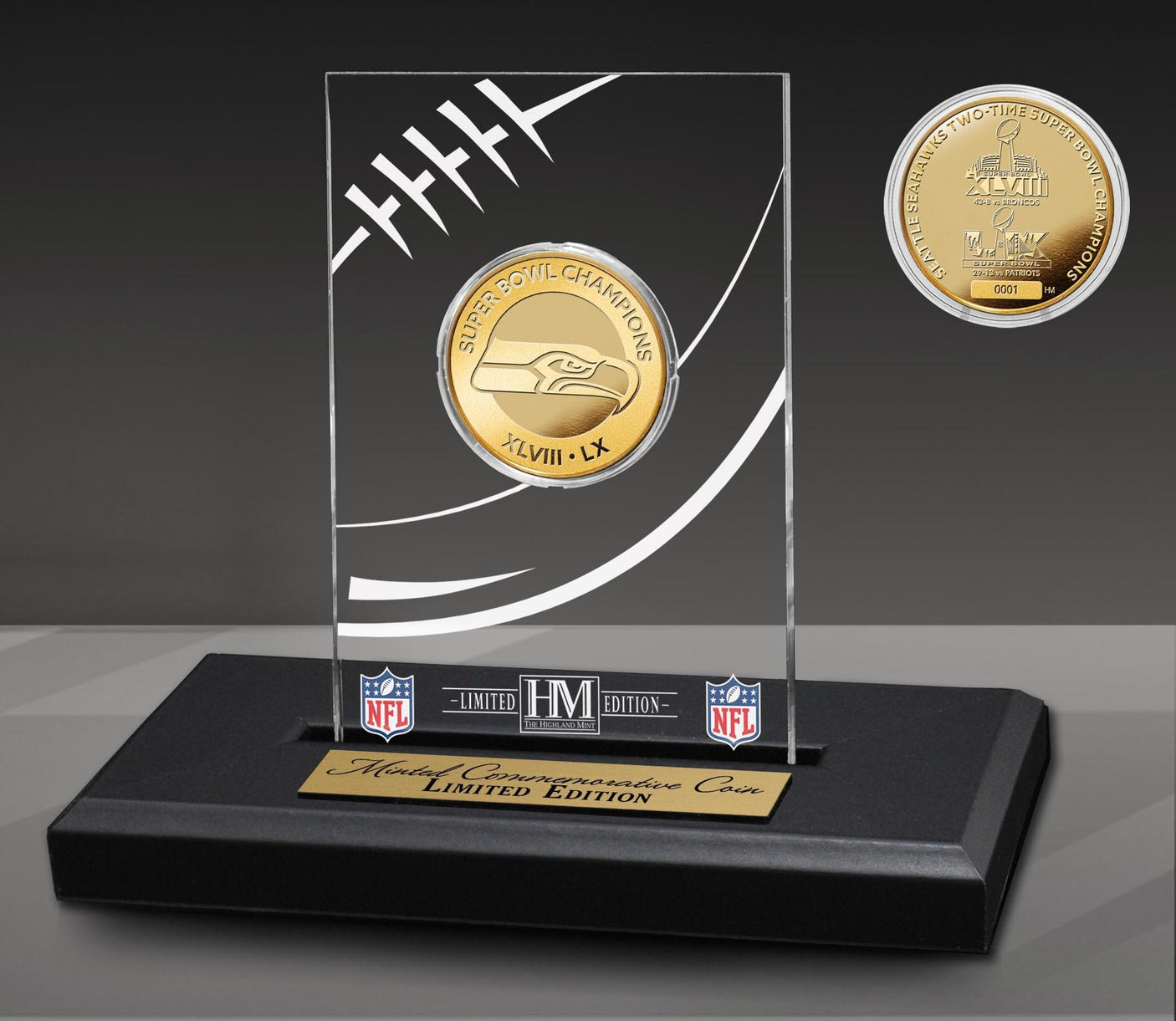 Seahawks 2-time Super Bowl LX (60) Champs Gold Plated Coin Acrylic Display