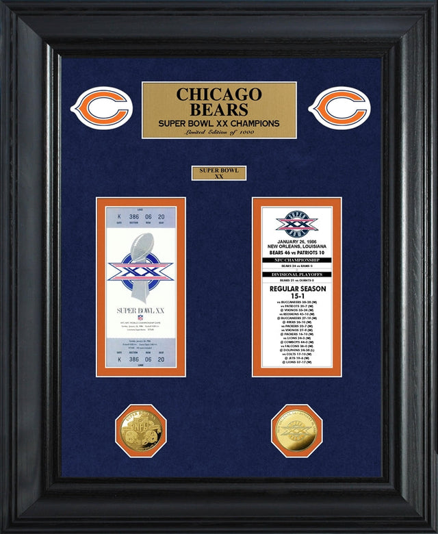Bears Super Bowl Ticket and Game Coin Collection Framed