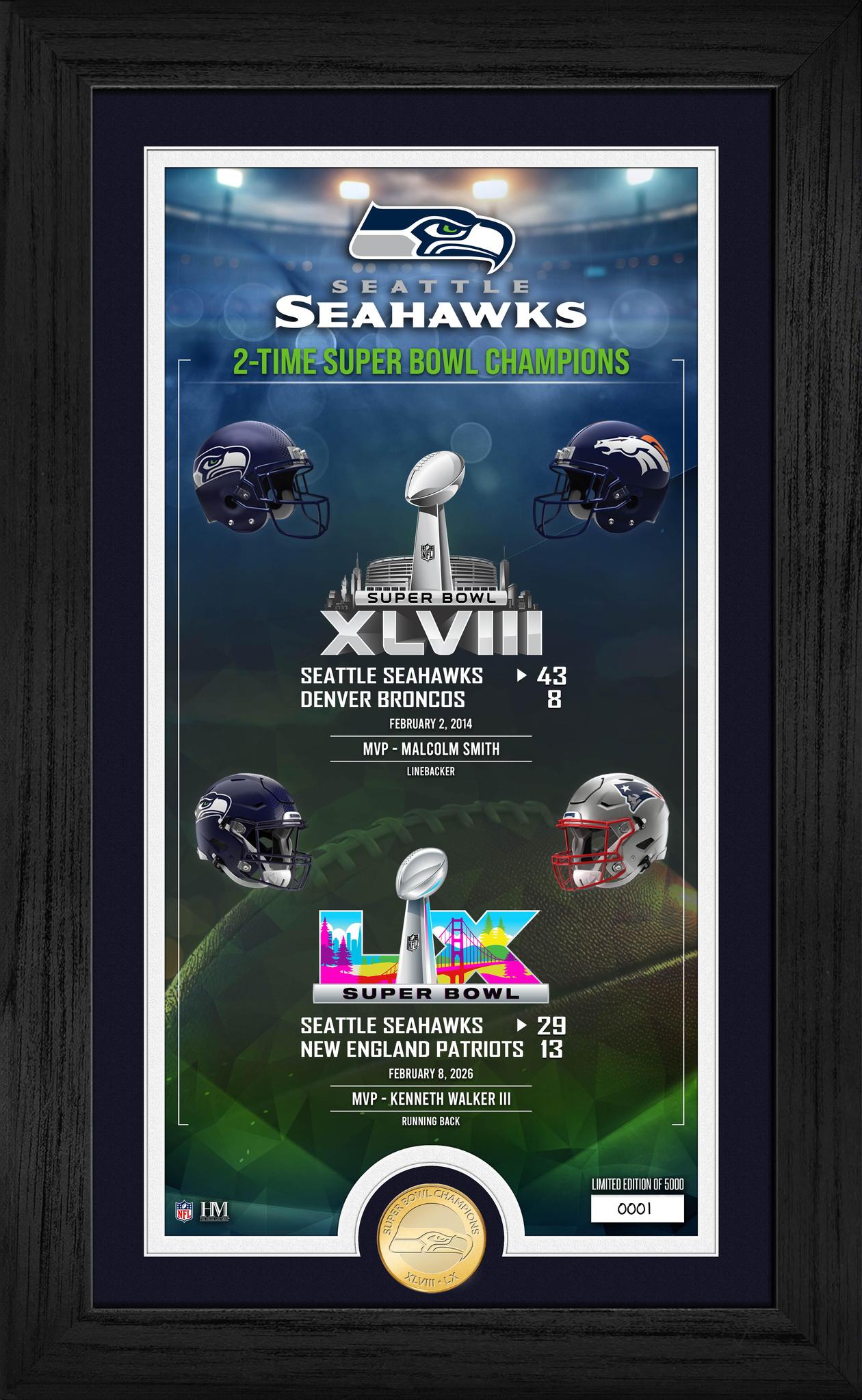 Seahawks 2-time Super Bowl LX (60) Champs Legacy Bronze Coin Photo Mint