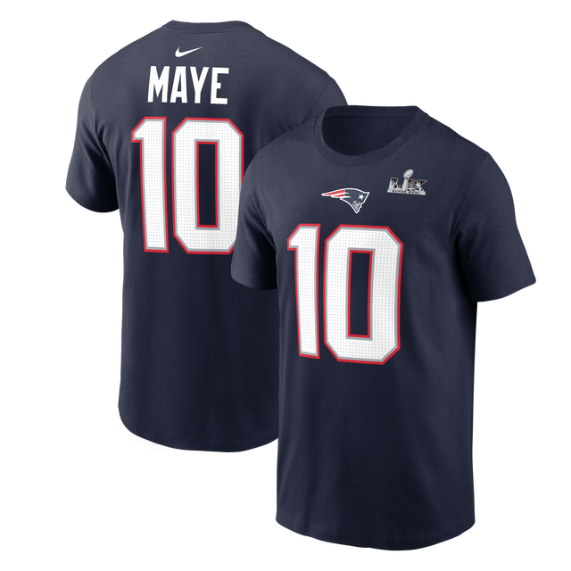 Patriots Drake Maye 2026 Men's Super Bowl LX (60) Name and Number T-Shirt