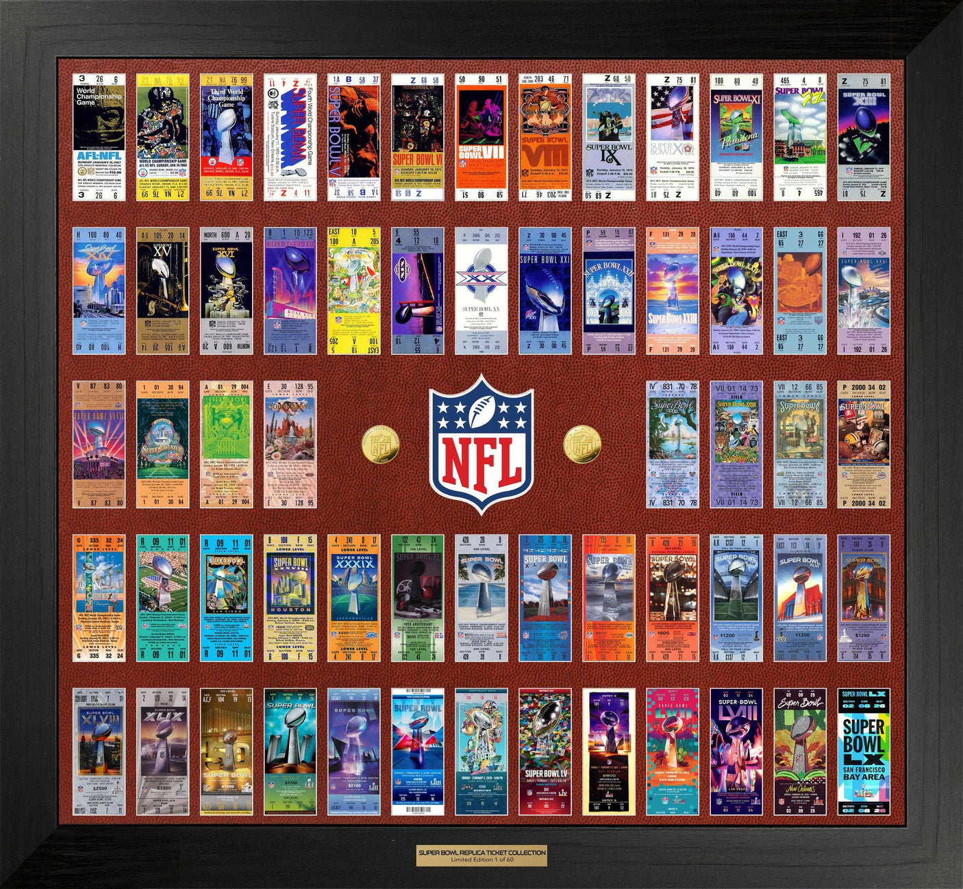 Super Bowl 60th Anniversary Ticket Collection and Gold Coin Frame