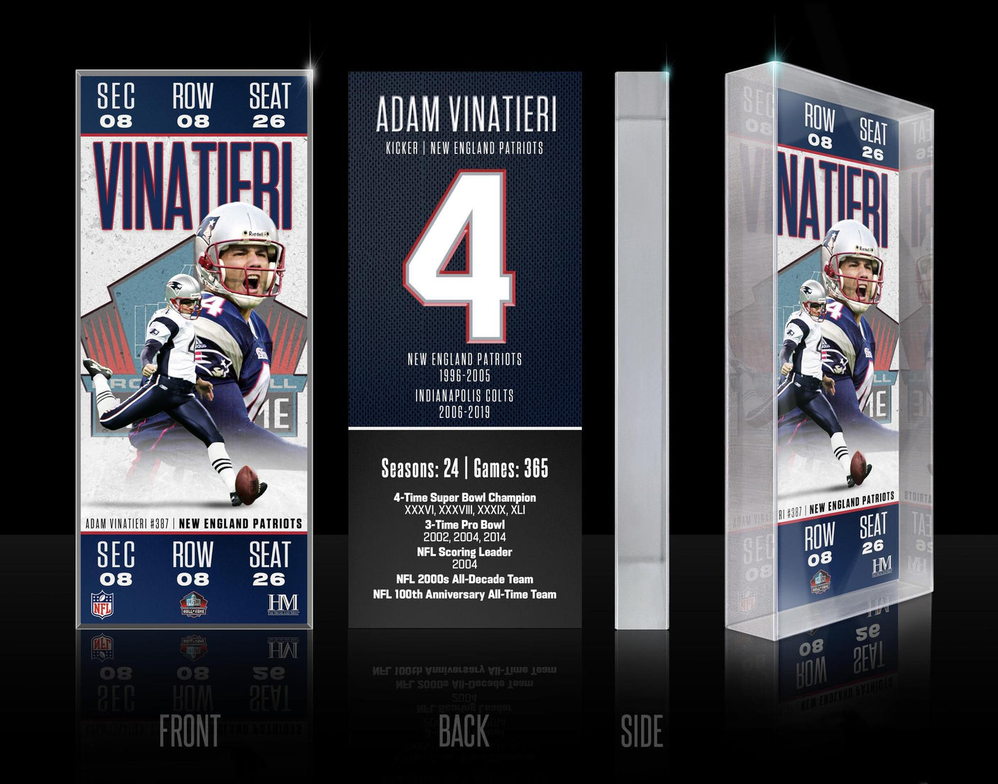 Adam Vinatieri Patriots Class of 2026 Hall of Fame Induction Ticket Acrylic Block