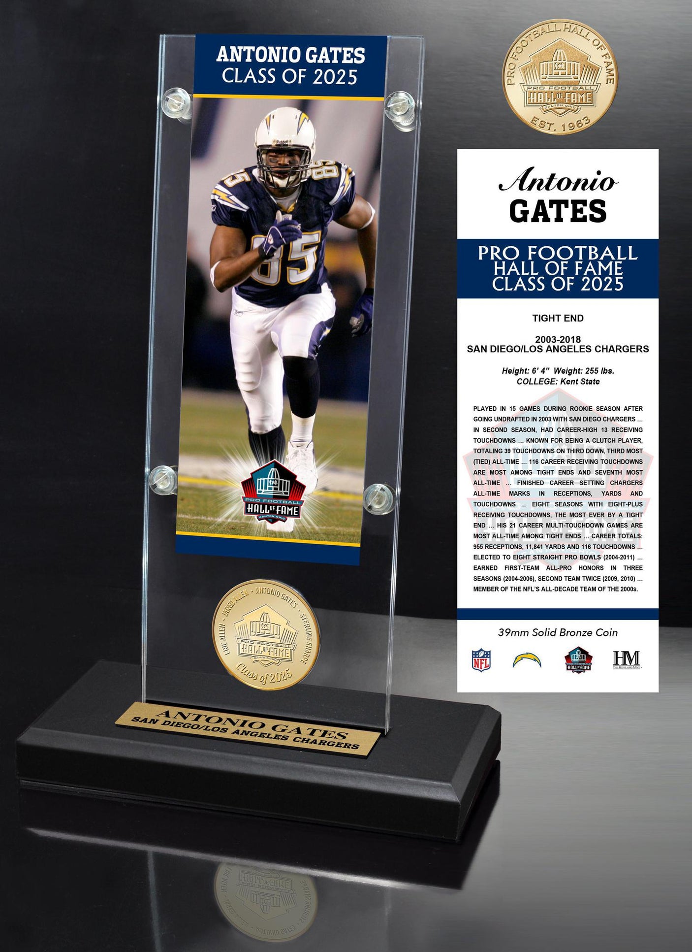 Chargers Antonio Gates Pro Football Hall of Fame Class of 2025 Bronze Coin in Acrylic Display