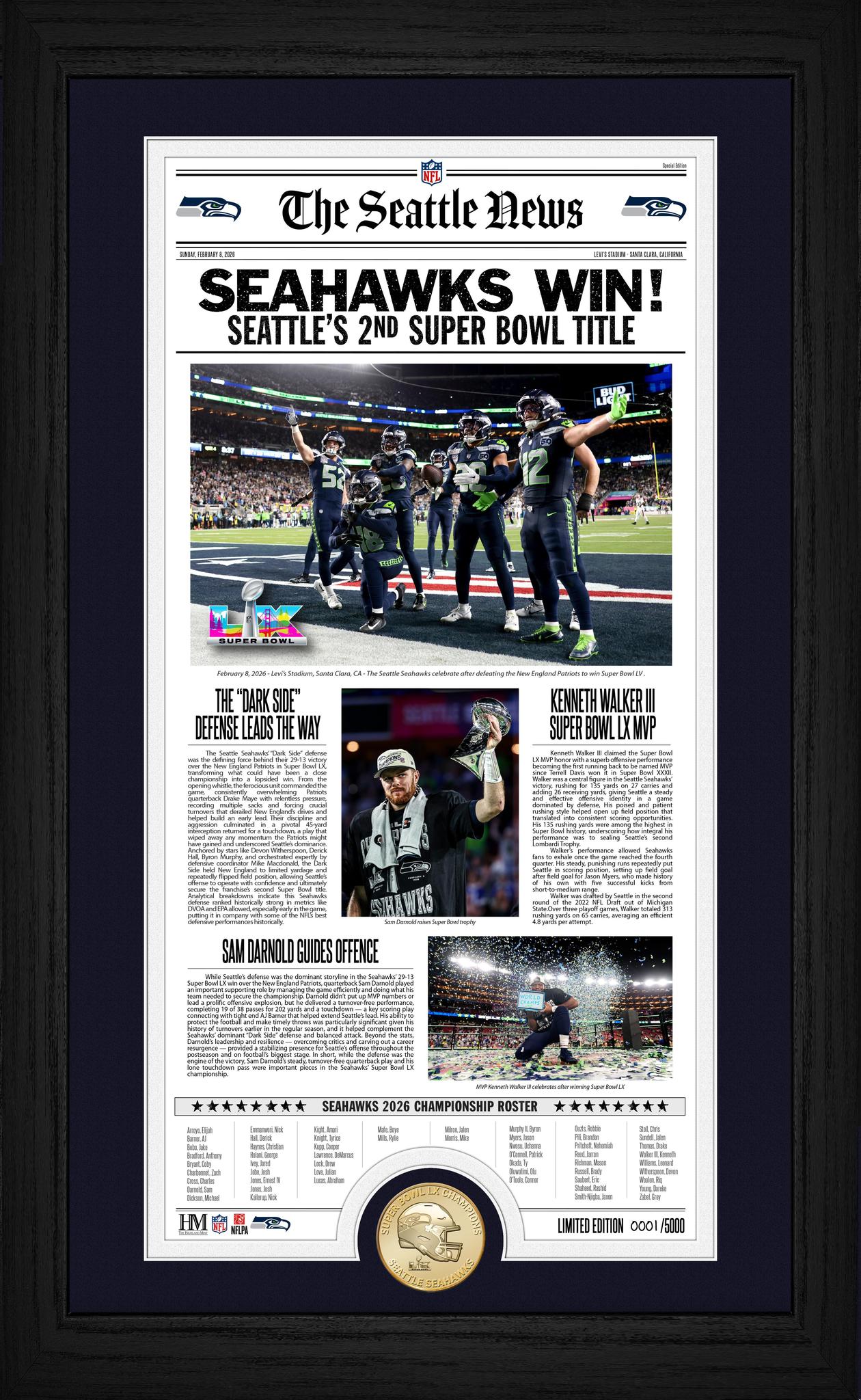 Seahawks Super Bowl LX (60) Champs Front Page News Bronze Coin Photo Mint