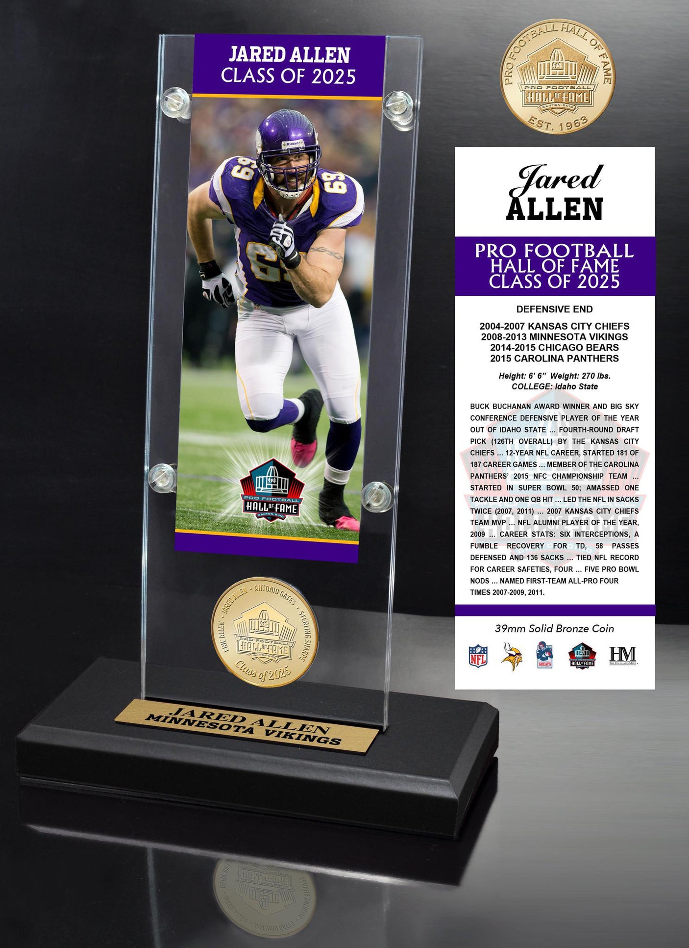 Vikings Jared Allen Pro Football Hall of Fame Class of 2025 Bronze Coin in Acrylic Display - DS