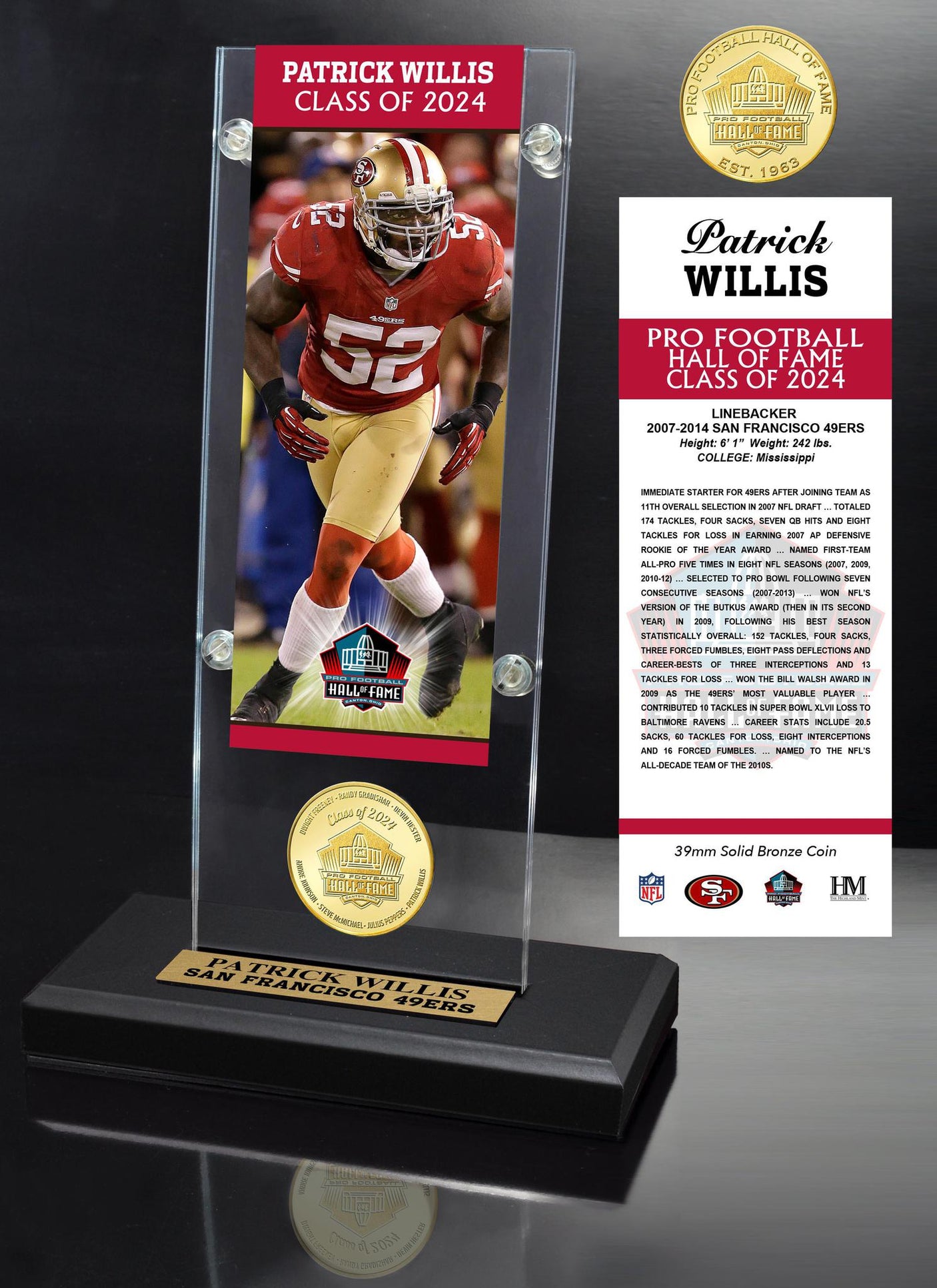 Patrick Willis Class of 2024 Bronze Coin Ticket Acrylic- DS