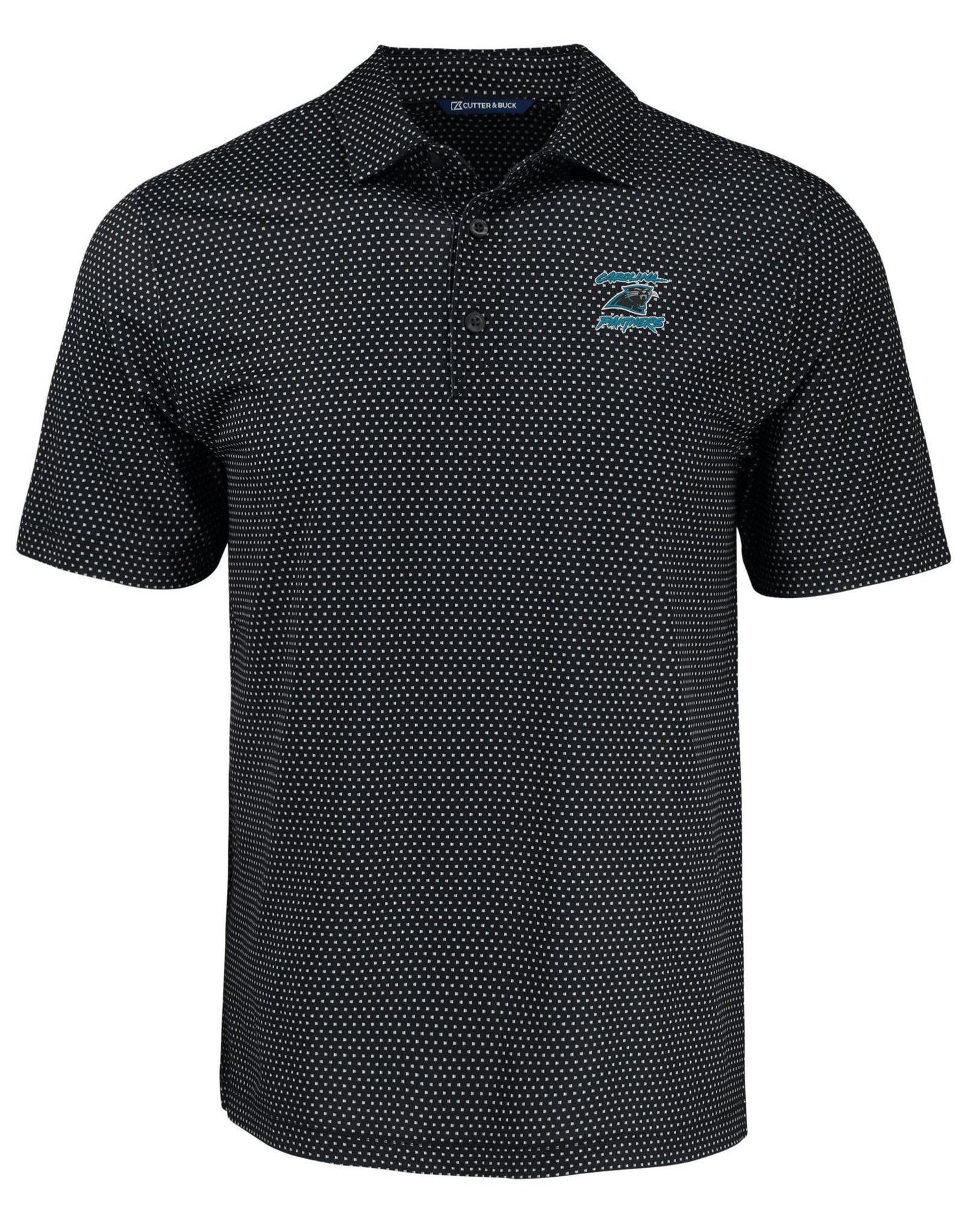 Panthers Cutter and Buck Men's Black Pike Eco Shadow Check Print Polo